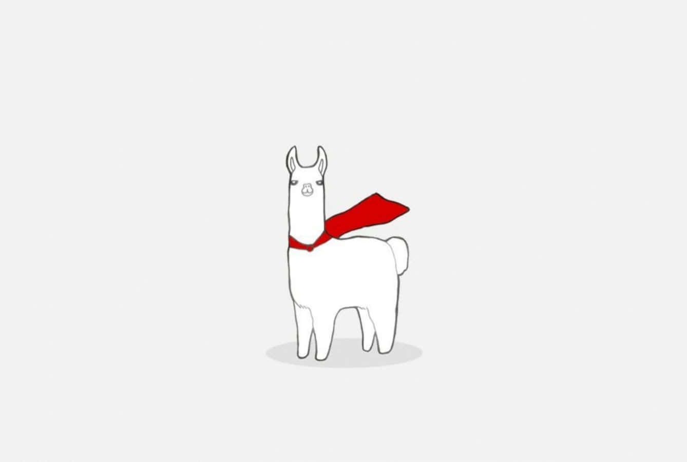 llama 桌布 壁紙 — 一隻極簡線條藝術的羊駝，披著鮮紅色的超級英雄斗篷，站在純淺灰色背景中央。