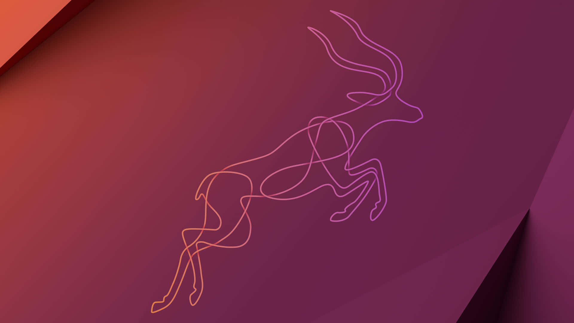 ubuntu 桌布 壁紙 — 一隻極簡線條藝術的羚羊在深洋紅和焦橙色的漸變背景上動態跳躍。
