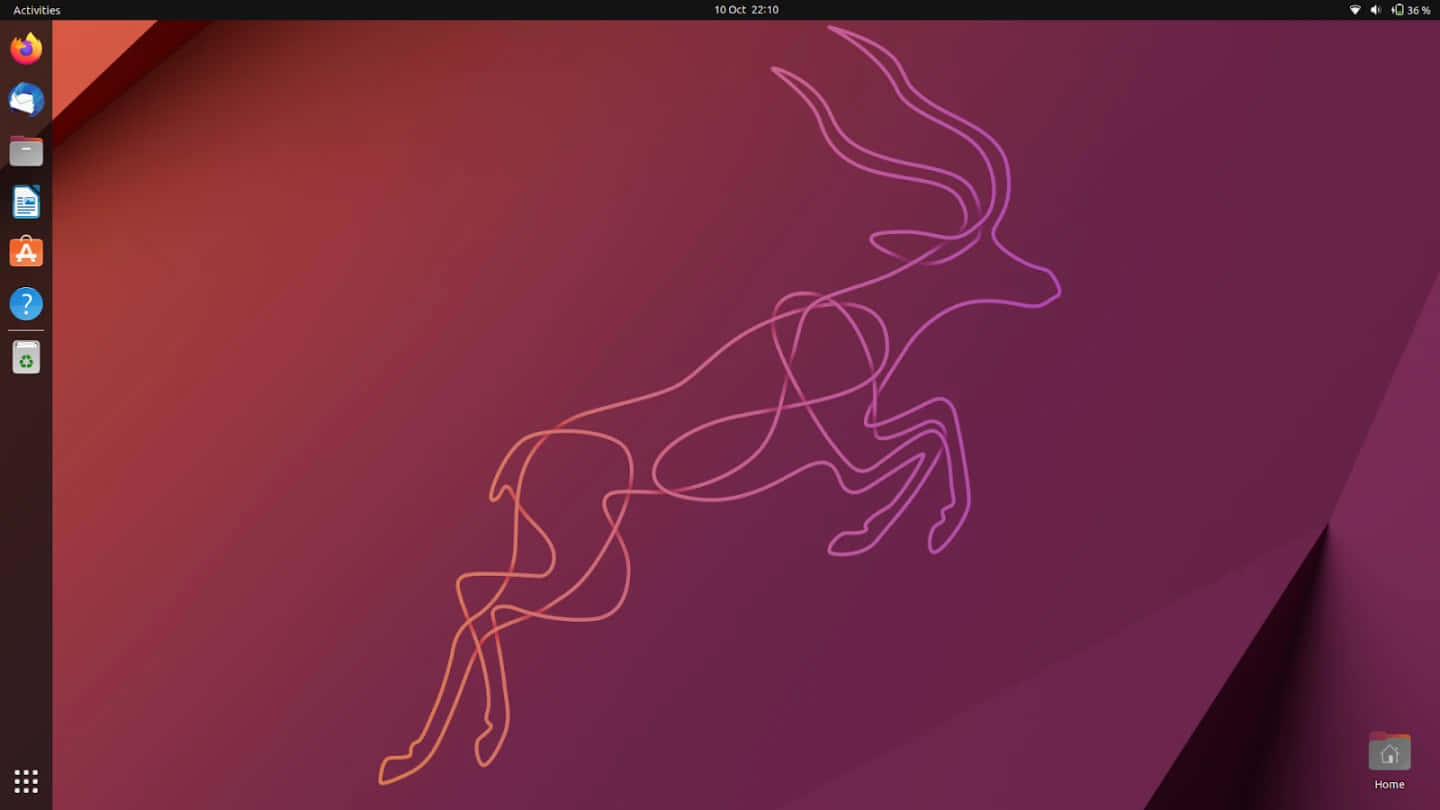 ubuntu 桌布 壁紙 — 一隻極簡線條藝術的羚羊跳過帶有幾何陰影的紅色到紫色漸變數位桌布。