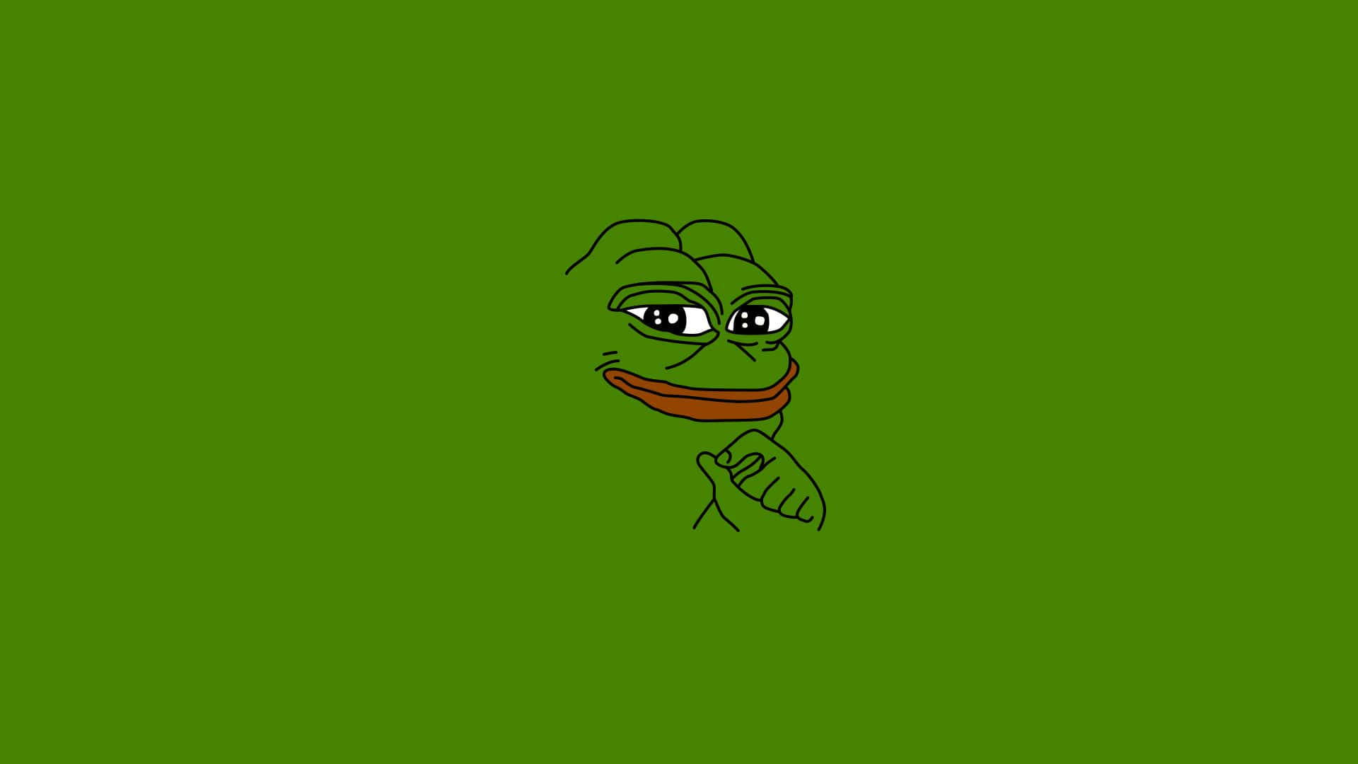 Memes 桌布 壁紙 — 一隻極簡線條藝術青蛙，帶著得意的笑容，手托下巴，背景為純綠色。