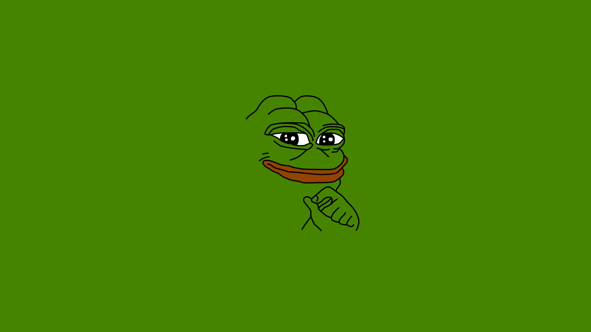 Pepe 桌布 壁紙 — 一隻極簡線條風格的青蛙，帶著得意的笑容，手托下巴，背景為純綠色。