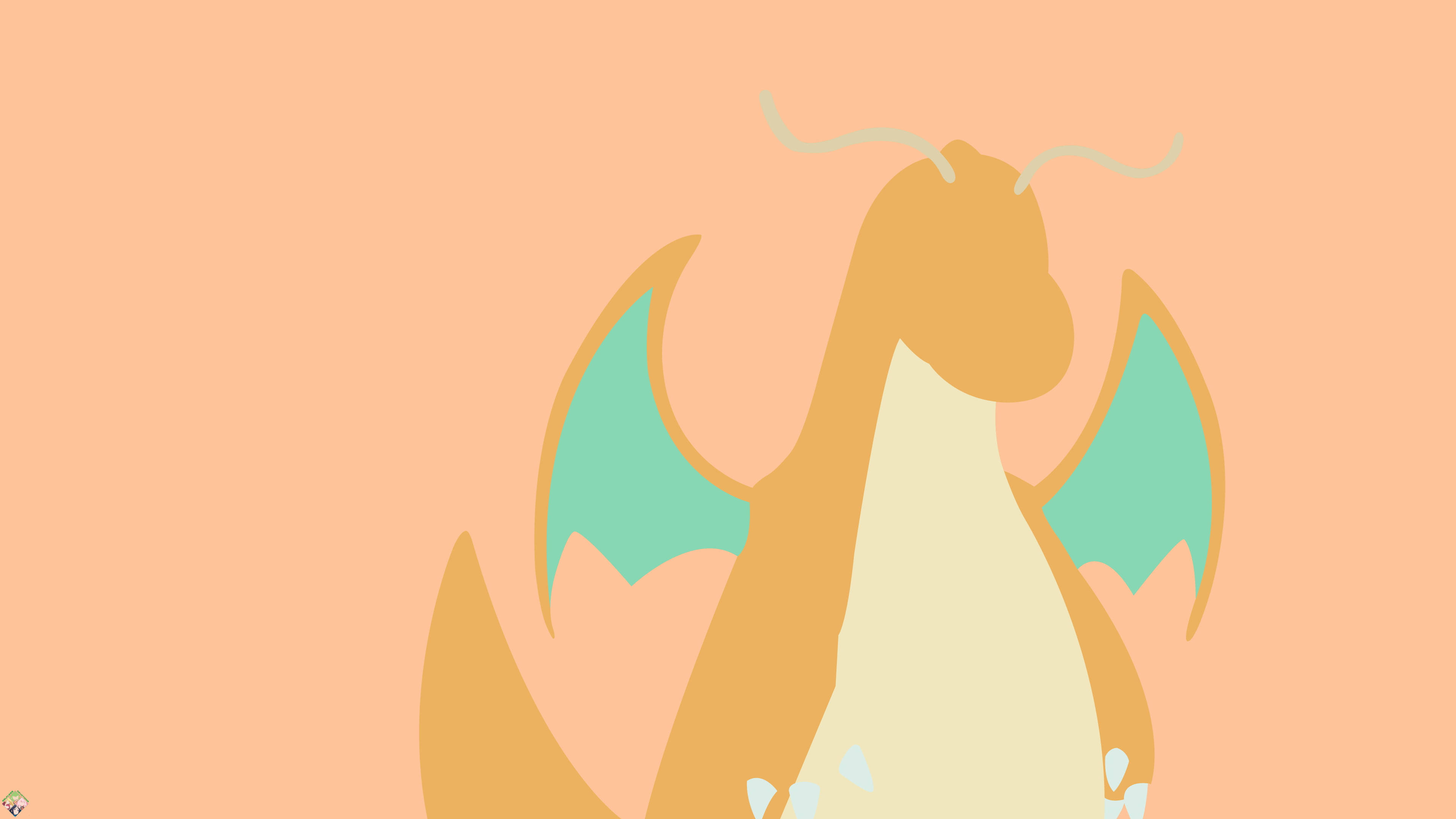 Dragonite 桌布 壁紙 — 一隻極簡風格化的龍，擁有青綠色翅膀和奶油色腹部，站在純色蜜桃色背景前。