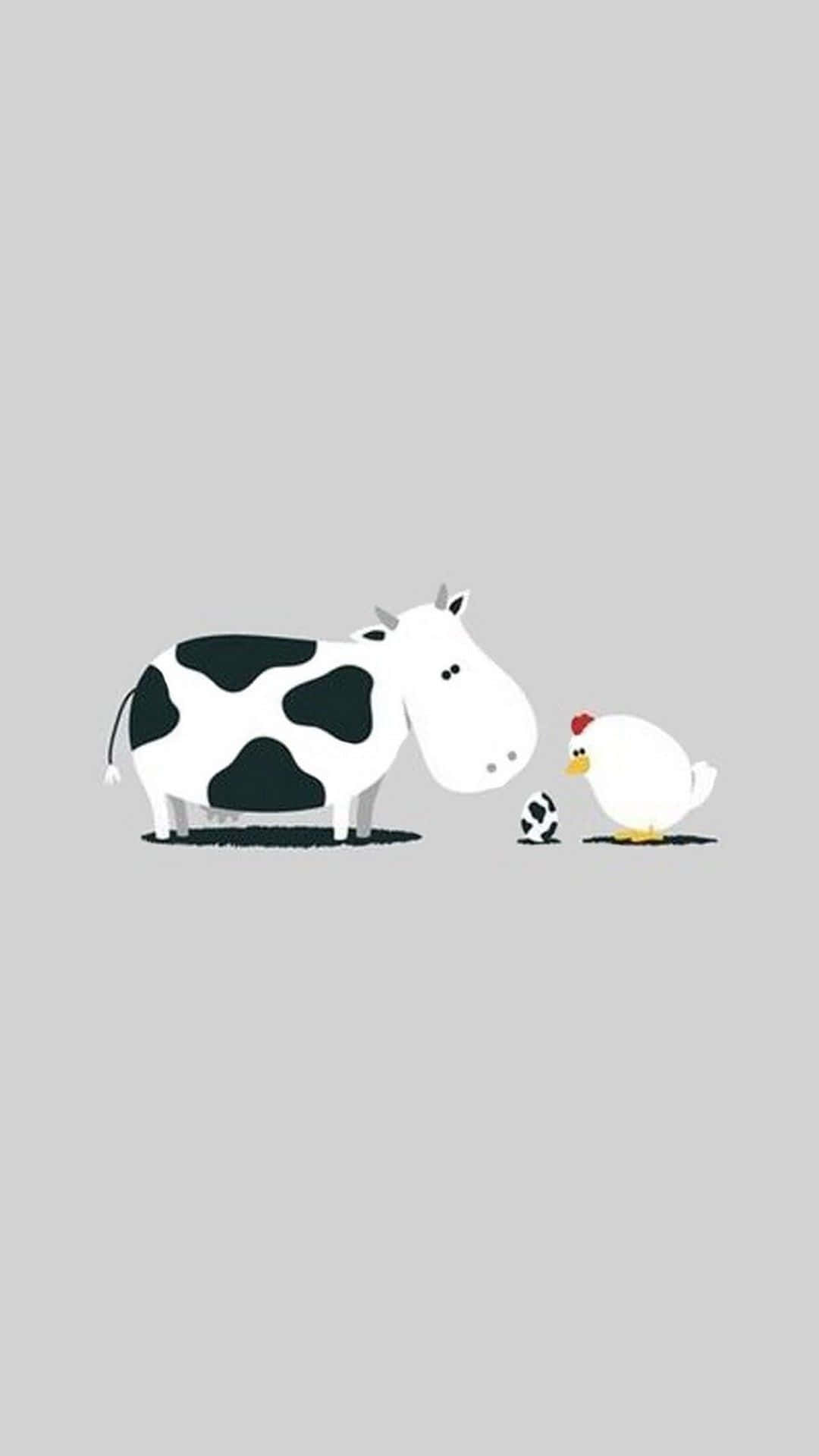 Kawaii Cute Cow 桌布 壁紙 — 一隻極簡風格的卡通牛和雞並排站在純灰色背景上，中間有一個帶斑點的蛋。