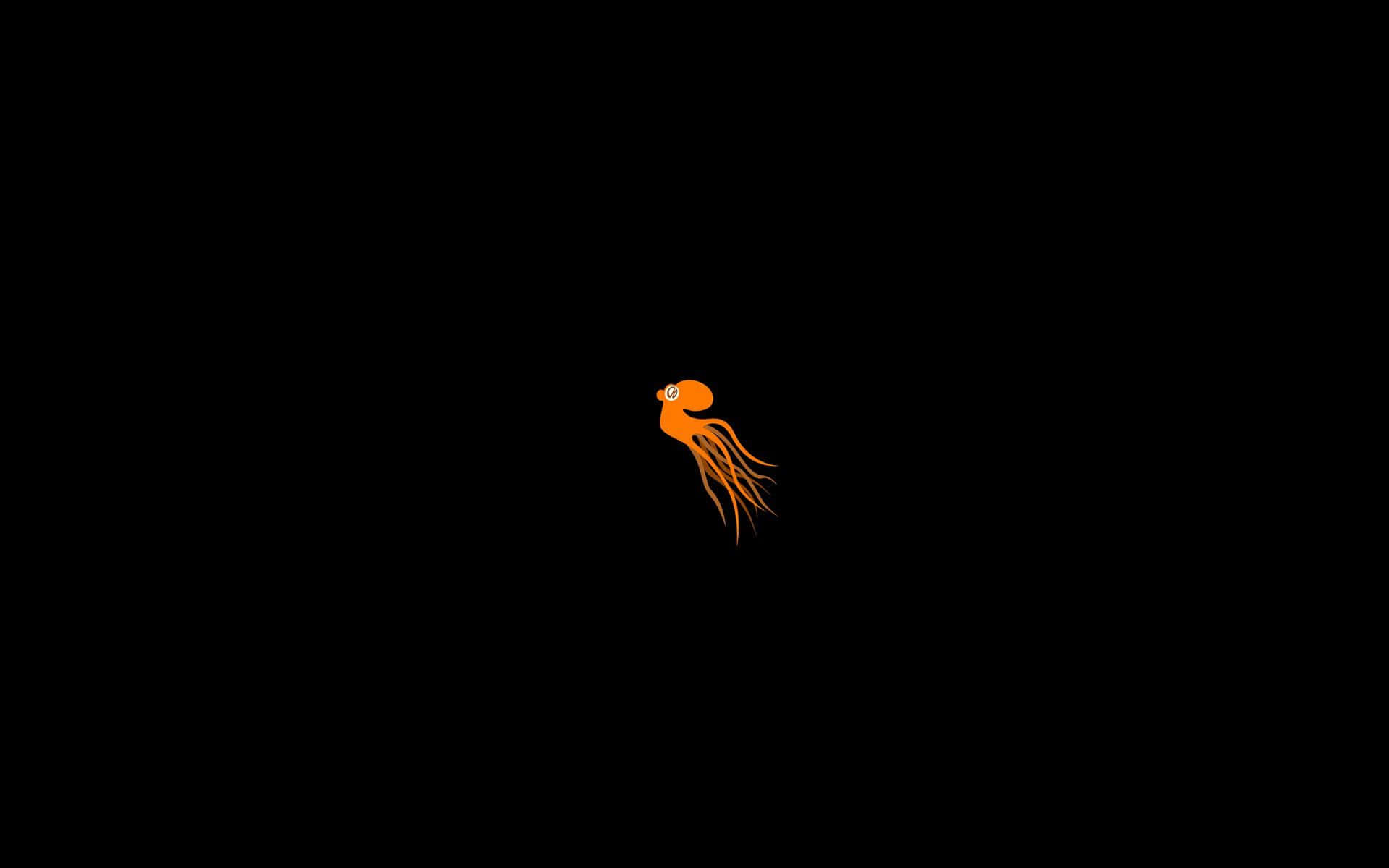 Minimalist Ocean 桌布 壁紙 — 一隻極簡風格的橙色章魚，帶有流動的觸手，獨自漂浮在純黑背景上。
