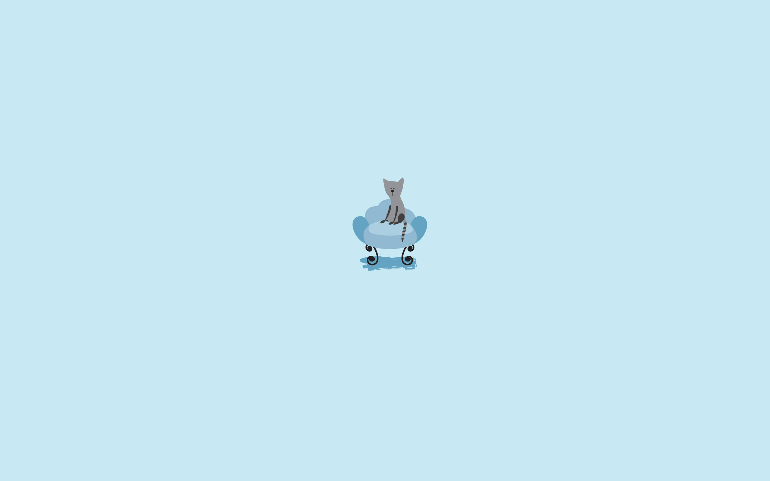 Minimalist iPad 桌布 壁紙 — 一隻極簡風格的灰色貓咪坐在淺藍色雲朵形狀的椅子上，背景為純淺藍色。