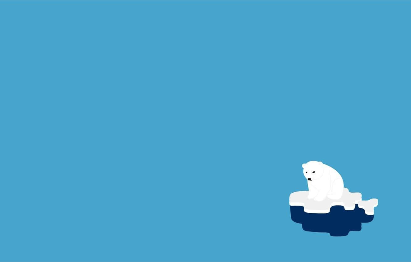 Cartoon Polar Bear 桌布 壁紙 — 一隻極簡風格的白色北極熊獨自坐在一個小冰山上，背景為純藍色。