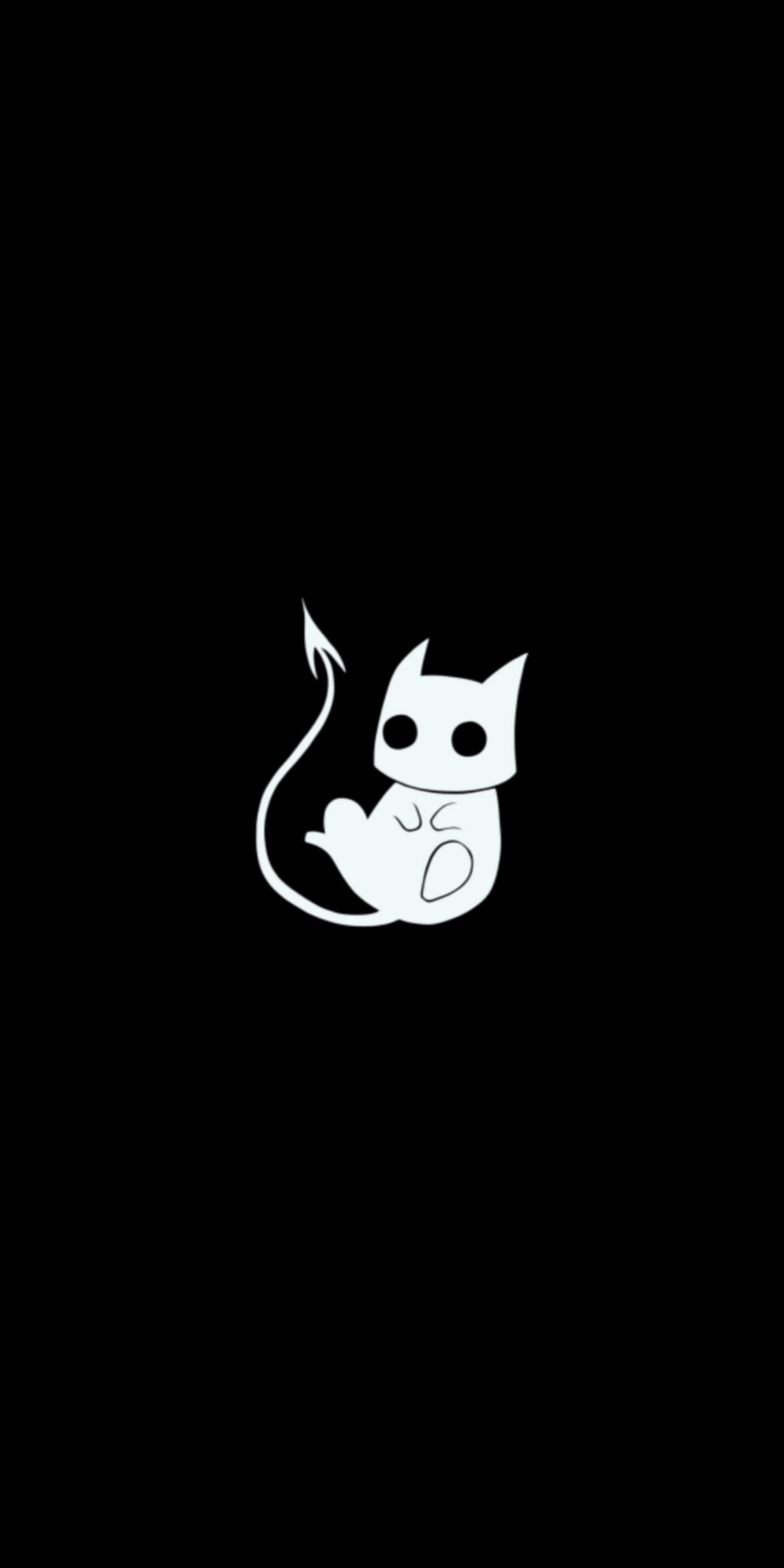 惡魔 桌布 壁紙 — 一隻極簡風格的白色卡通惡魔貓，尾巴彎曲，坐在純黑色背景中央。