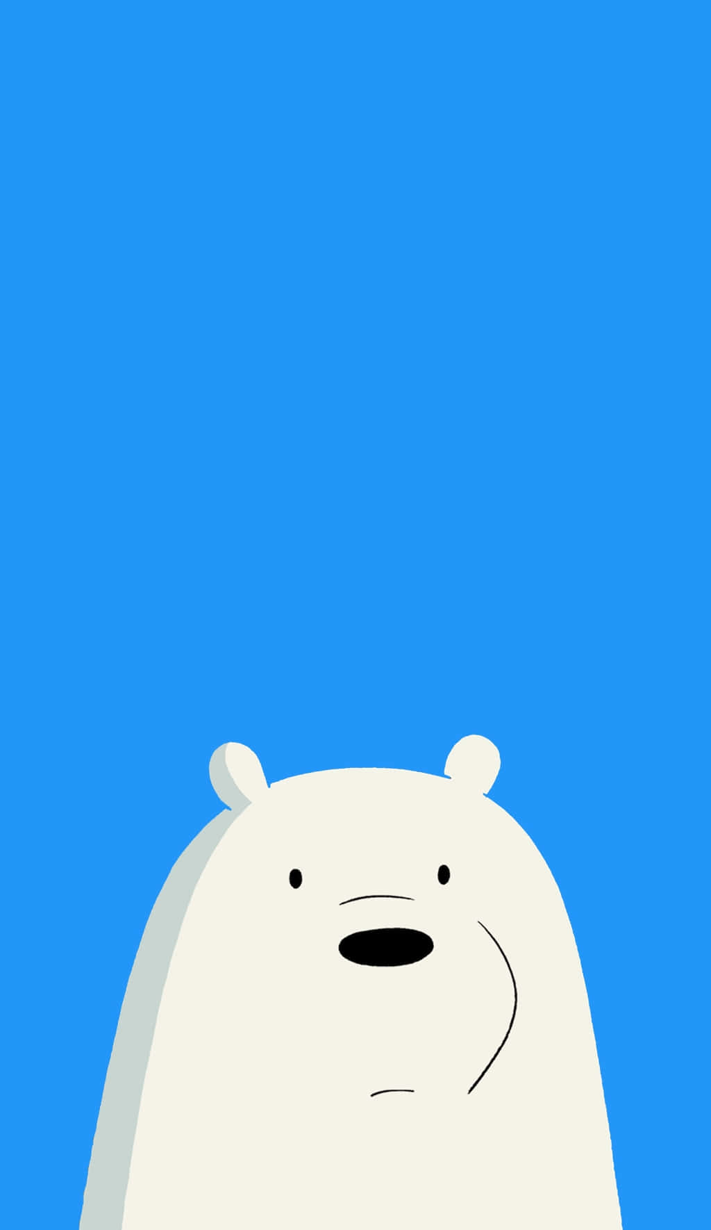 Cartoon Polar Bear 桌布 壁紙 — 一隻極簡風格的白色卡通熊，帶有簡單的黑色特徵，在純亮藍色背景上向上看。