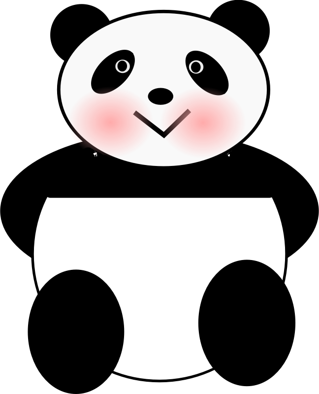 可愛熊貓 桌布 壁紙 — 一隻極簡風格的白色卡通熊貓，帶有玫瑰色臉頰和簡單微笑，背景為黑色。
