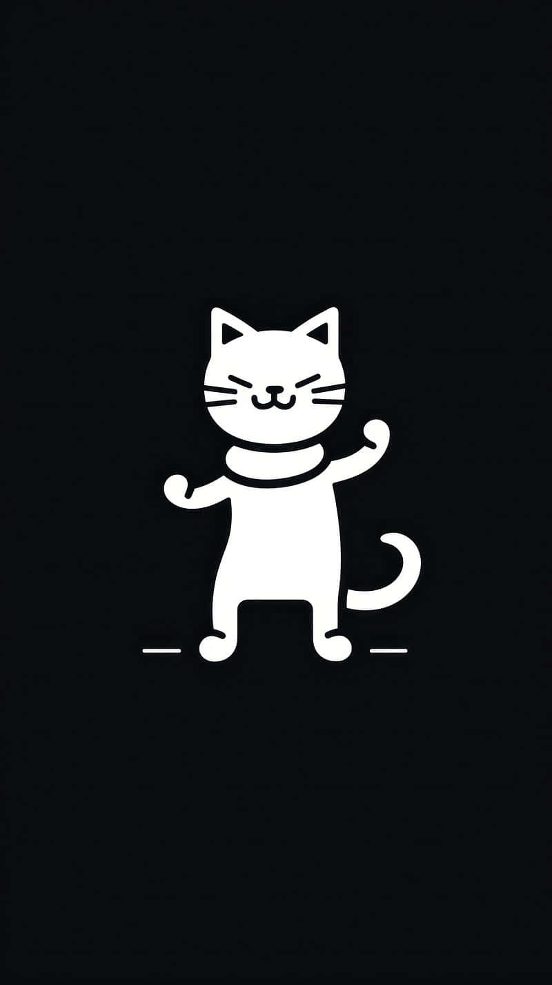 Dancing Cat 桌布 壁紙 — 一隻極簡風格的白色卡通貓咪在黑色背景上愉快地站立，雙臂舉起，表情開心。