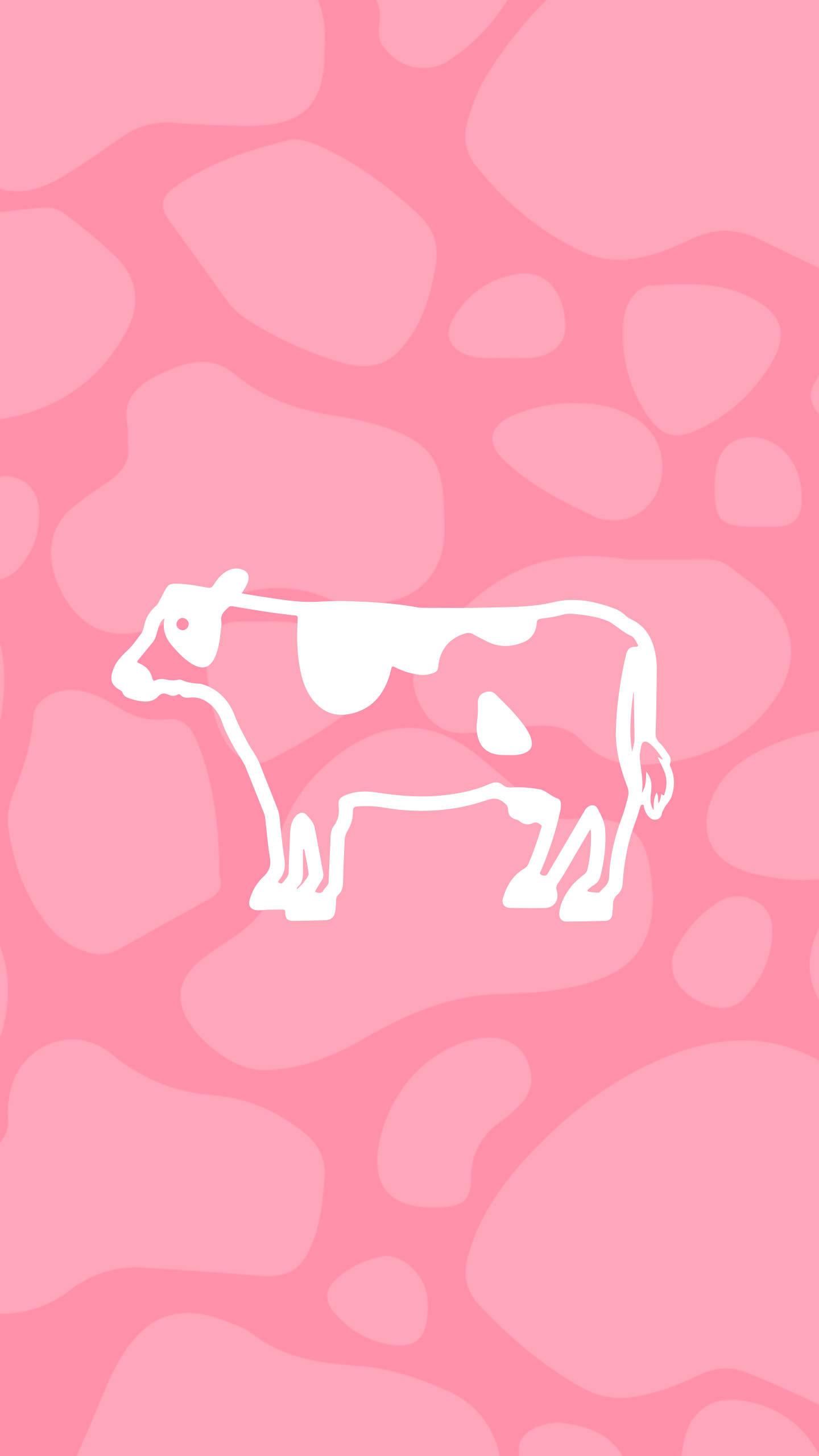 Strawberry Cow 桌布 壁紙 — 一隻極簡風格的白色牛剪影，立於帶有有機形狀的柔和粉紅色抽象背景前。