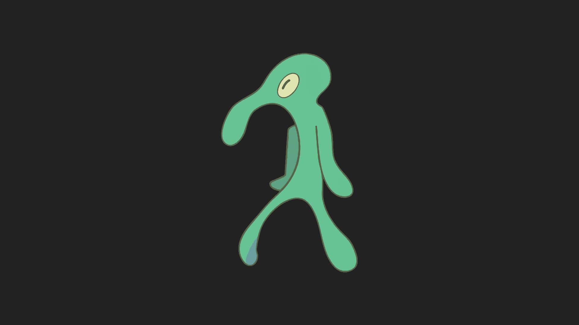 Aesthetic Squidward 桌布 壁紙 — 一隻極簡風格的綠色卡通生物，只有一隻眼睛，獨自站在深色背景前。