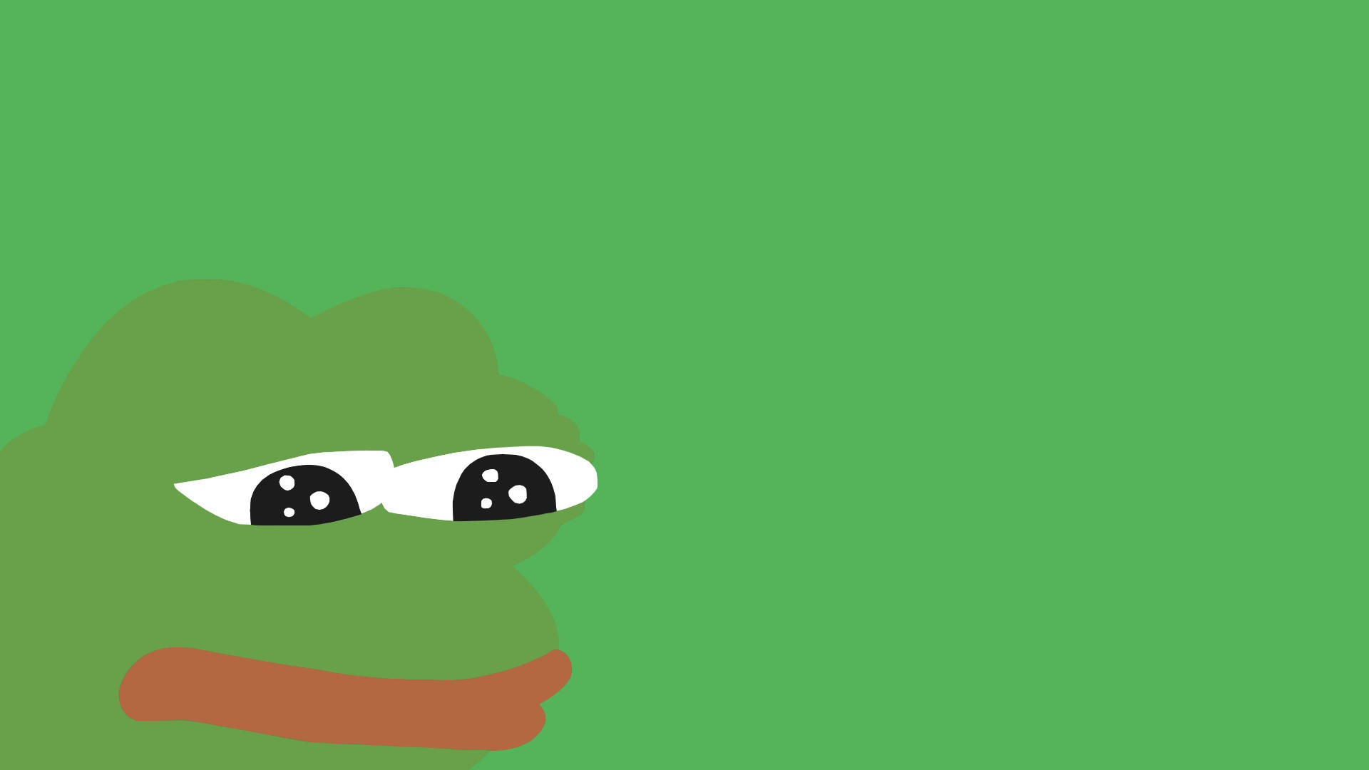 Pepe 桌布 壁紙 — 一隻極簡風格的綠色青蛙，眼睛下垂，嘴巴皺起，從左邊凝視著純綠色背景。