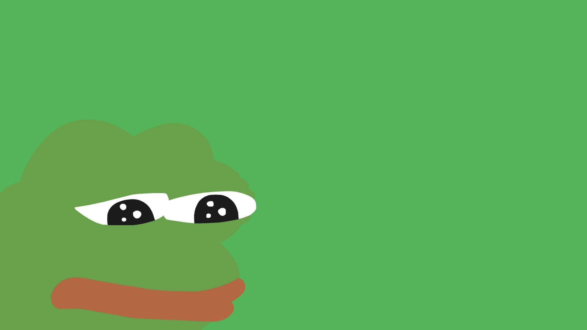 meme 桌布 壁紙 — 一隻極簡風格的綠色青蛙，眼睛下垂，嘴角向下，從左側凝視著純綠色背景。