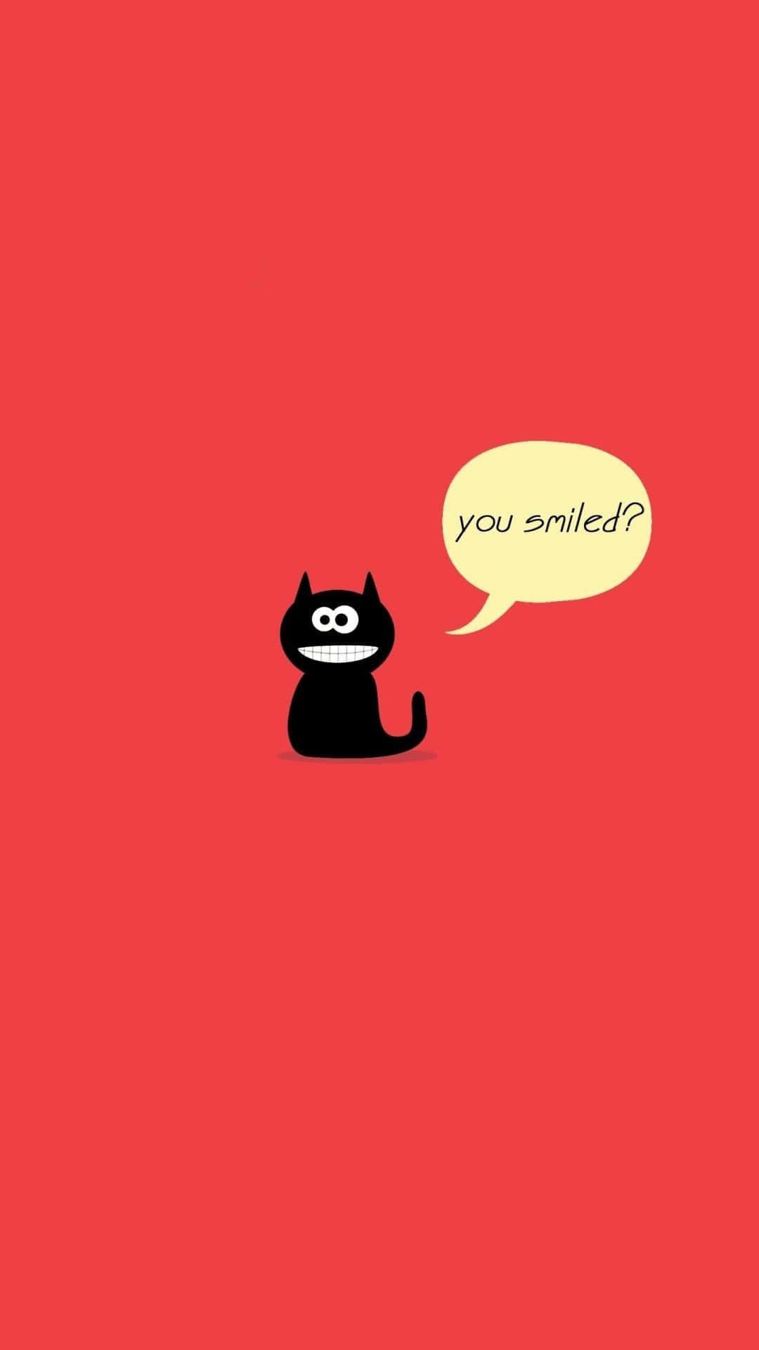 Cute Cat 桌布 壁紙 — 一隻極簡風格的黑色卡通貓咪，咧嘴大笑，在黃色對話框裡問「你笑了嗎？」，背景為純紅色。