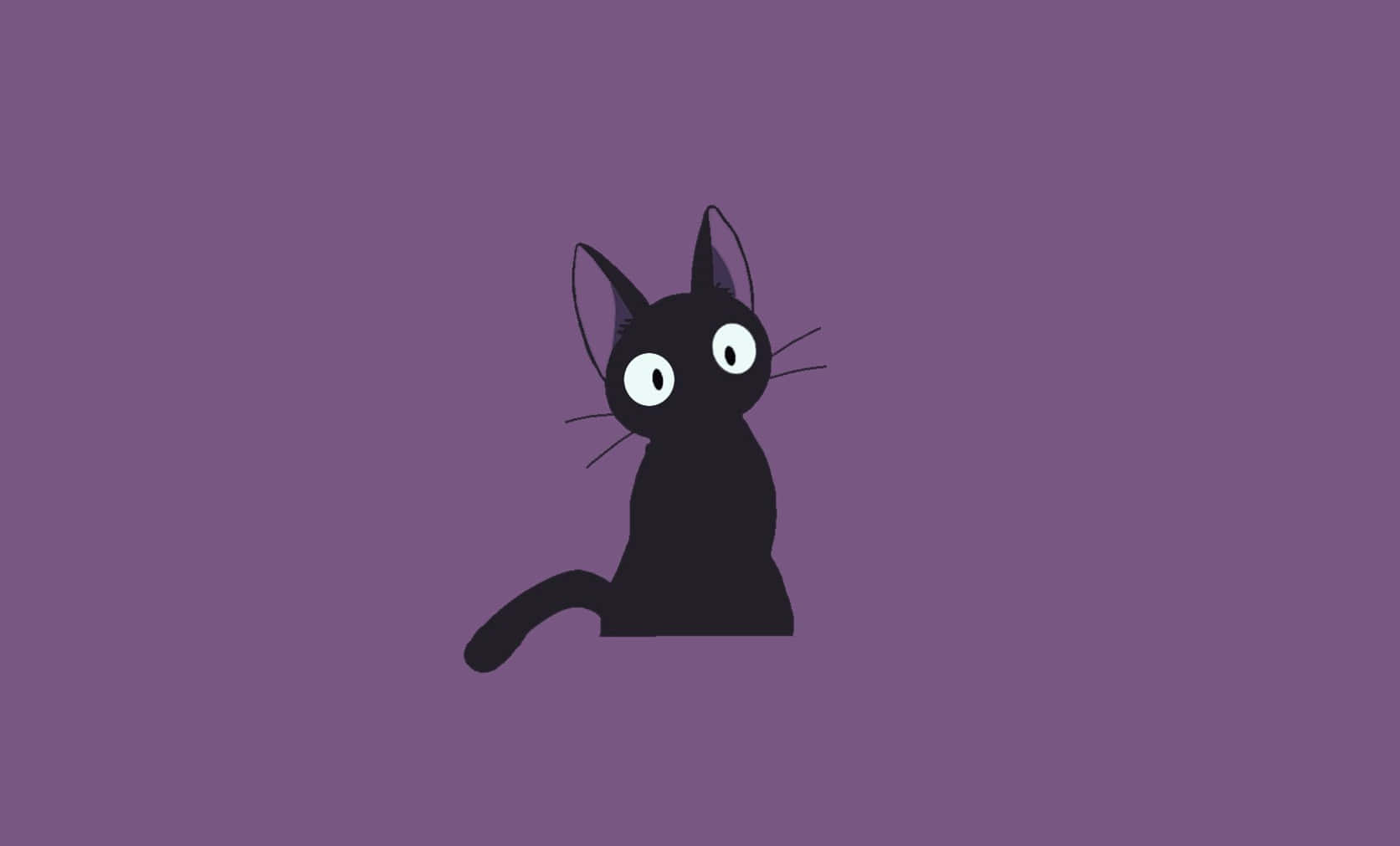 Jiji Cat 桌布 壁紙 — 一隻極簡風格的黑色貓咪，有著發光的白色眼睛，坐在純紫色背景中央。
