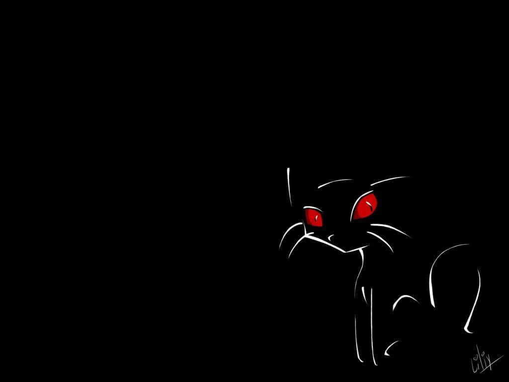 Black Cat Halloween 桌布 壁紙 — 一隻極簡風格的黑貓，擁有發光的紅色眼睛，從黑暗中凝視，以白色線條勾勒。