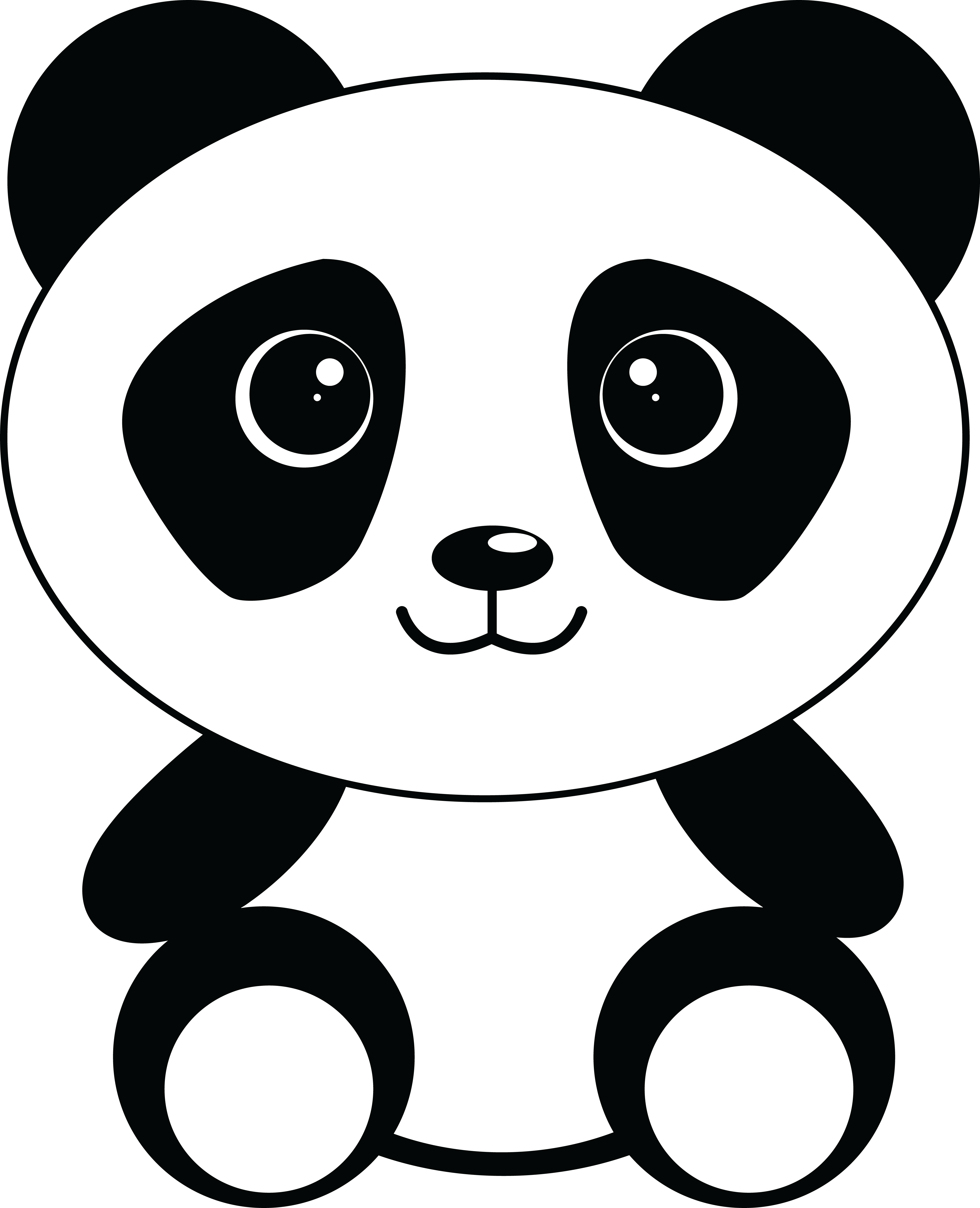 可愛熊貓 桌布 壁紙 — 一隻極簡黑白卡通熊貓，有大圓眼和簡單特徵，坐在純黑色背景上。
