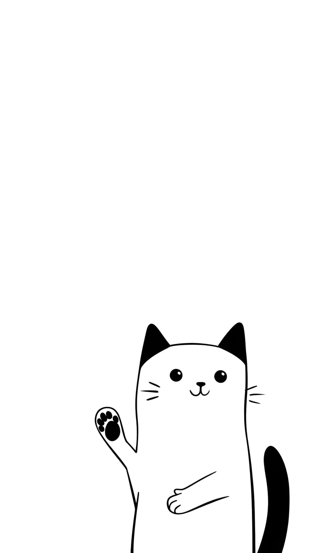 Black and white cat waving one paw 壁紙 — 一隻極簡黑白卡通貓咪在純白背景底部愉快地揮手。