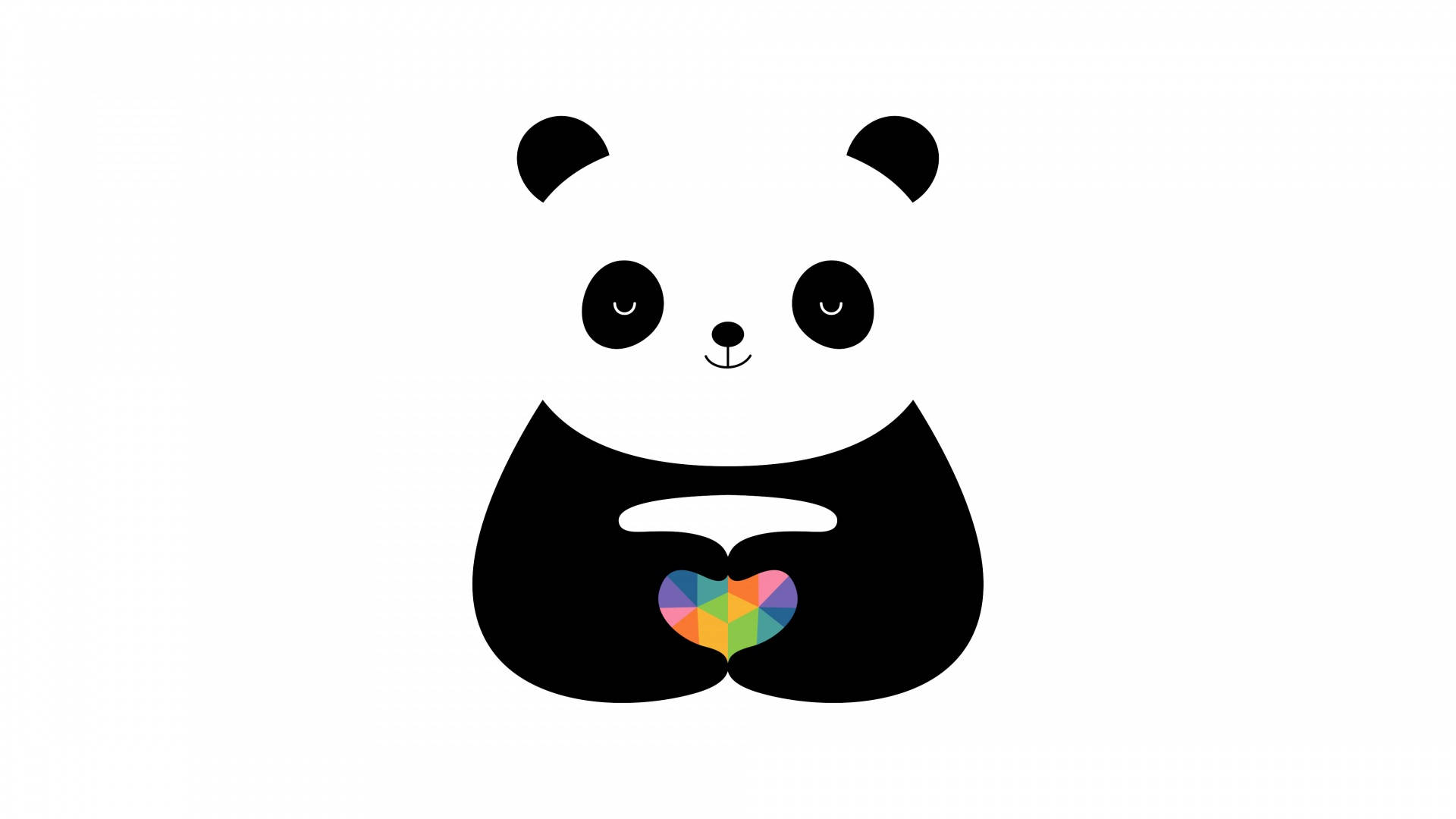 cute aesthetic pc 桌布 壁紙 — 一隻極簡黑白熊貓在純白背景上拿著一個色彩繽紛的幾何心形。