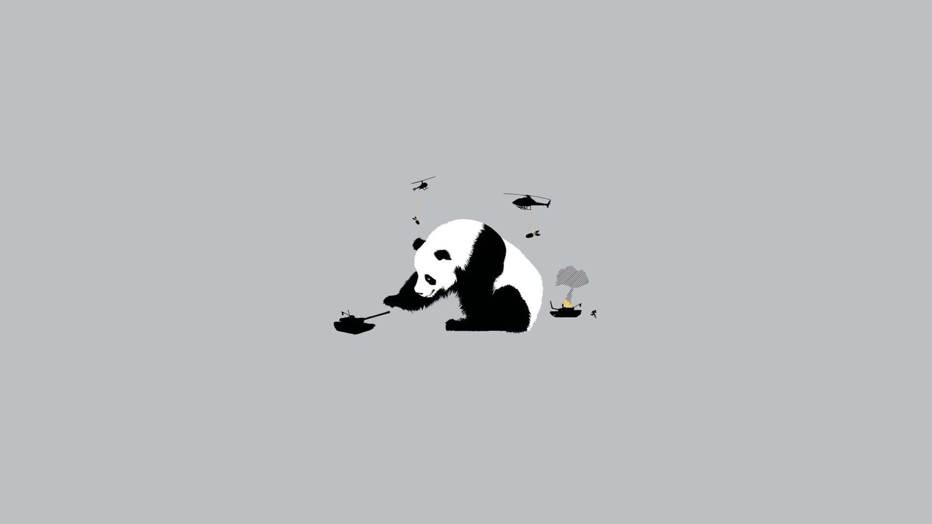 Giant Panda 桌布 壁紙 — 一隻極簡黑白熊貓平靜地坐著，直升機和坦克在附近懸浮，背景為純灰色。