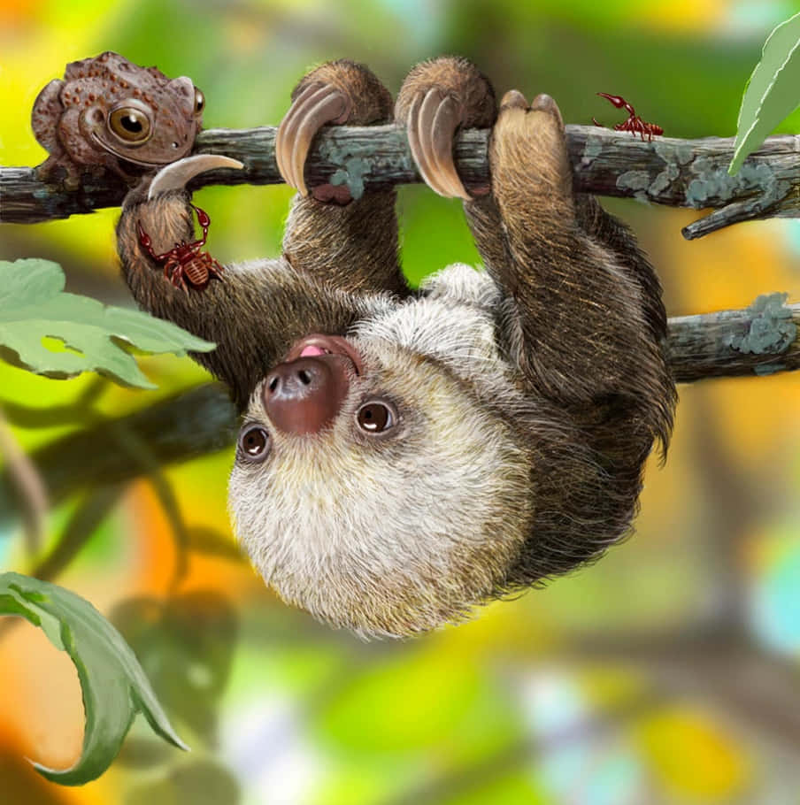 動物 桌布 壁紙 — 一隻樹懶倒掛在茂密綠色森林的樹枝上，附近有蟾蜍和螞蟻。