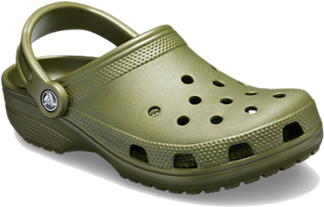 Crocs 桌布 壁紙 — 一隻橄欖綠色木屐涼鞋，帶有經典穿孔和品牌標誌，展示在潔淨的白色背景上。