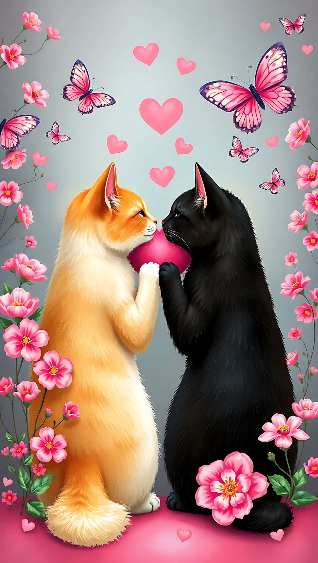 Heartfelt Cats in Love. smartphone wallpaper 壁紙 — 一隻橘色和黑色的貓分享一個粉紅色的心，周圍環繞著粉紅色的花朵、蝴蝶和漂浮的心。