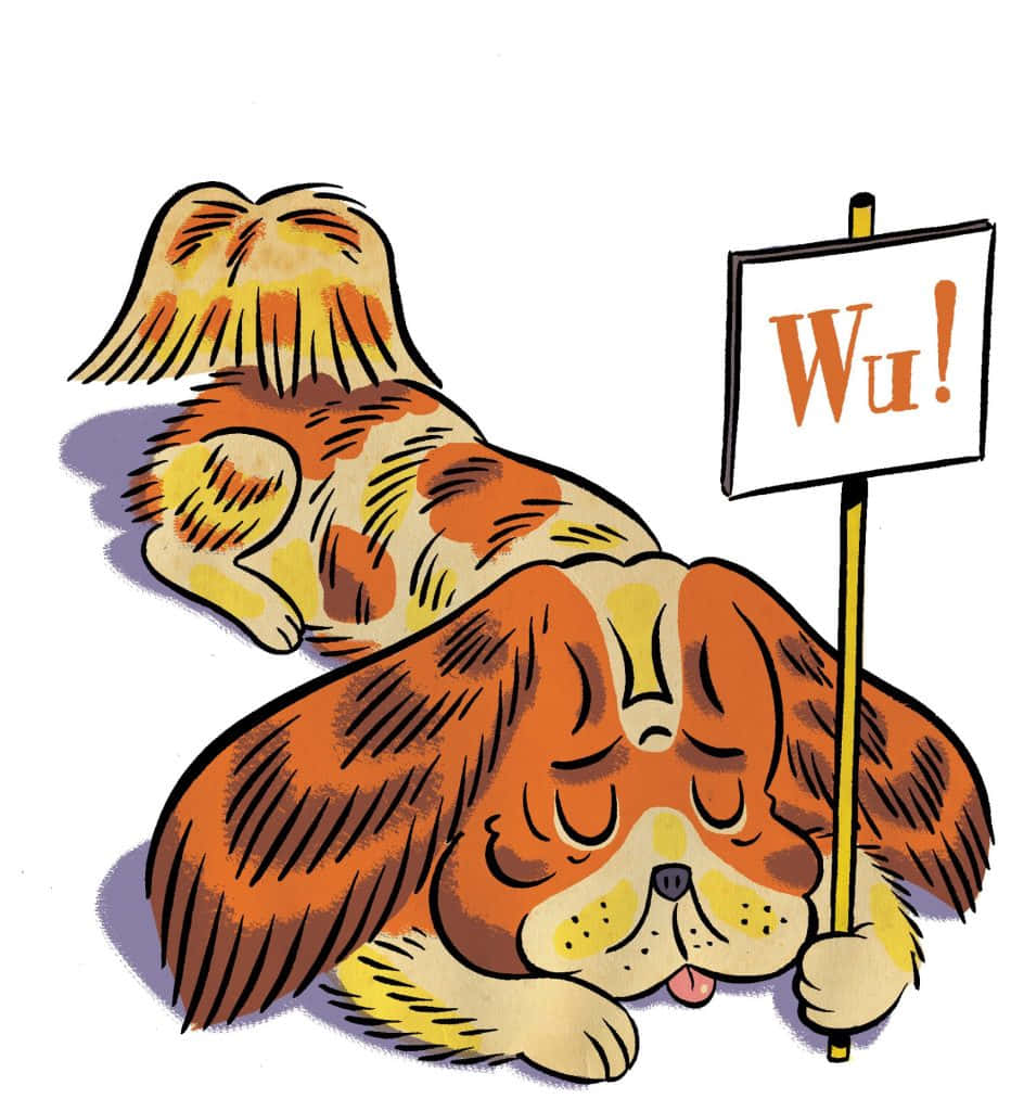 Illustration 桌布 壁紙 — 一隻橙色和奶油色毛髮的卡通狗，抱著寫著「Wu!」的牌子，睡得很香。