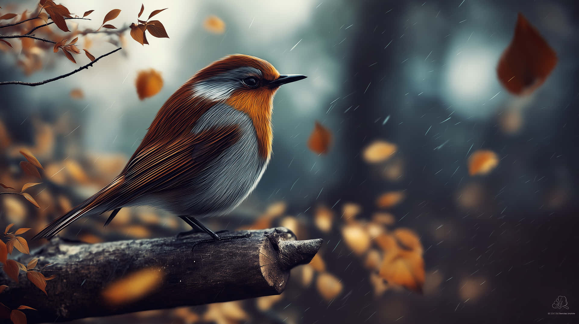Robin Bird on Branch in Rainy Autumn Woods 壁紙 — 一隻橙色和灰色的小鳥棲息在長滿苔蘚的樹枝上，金色的樹葉在霧濛濛的秋林中飄蕩。