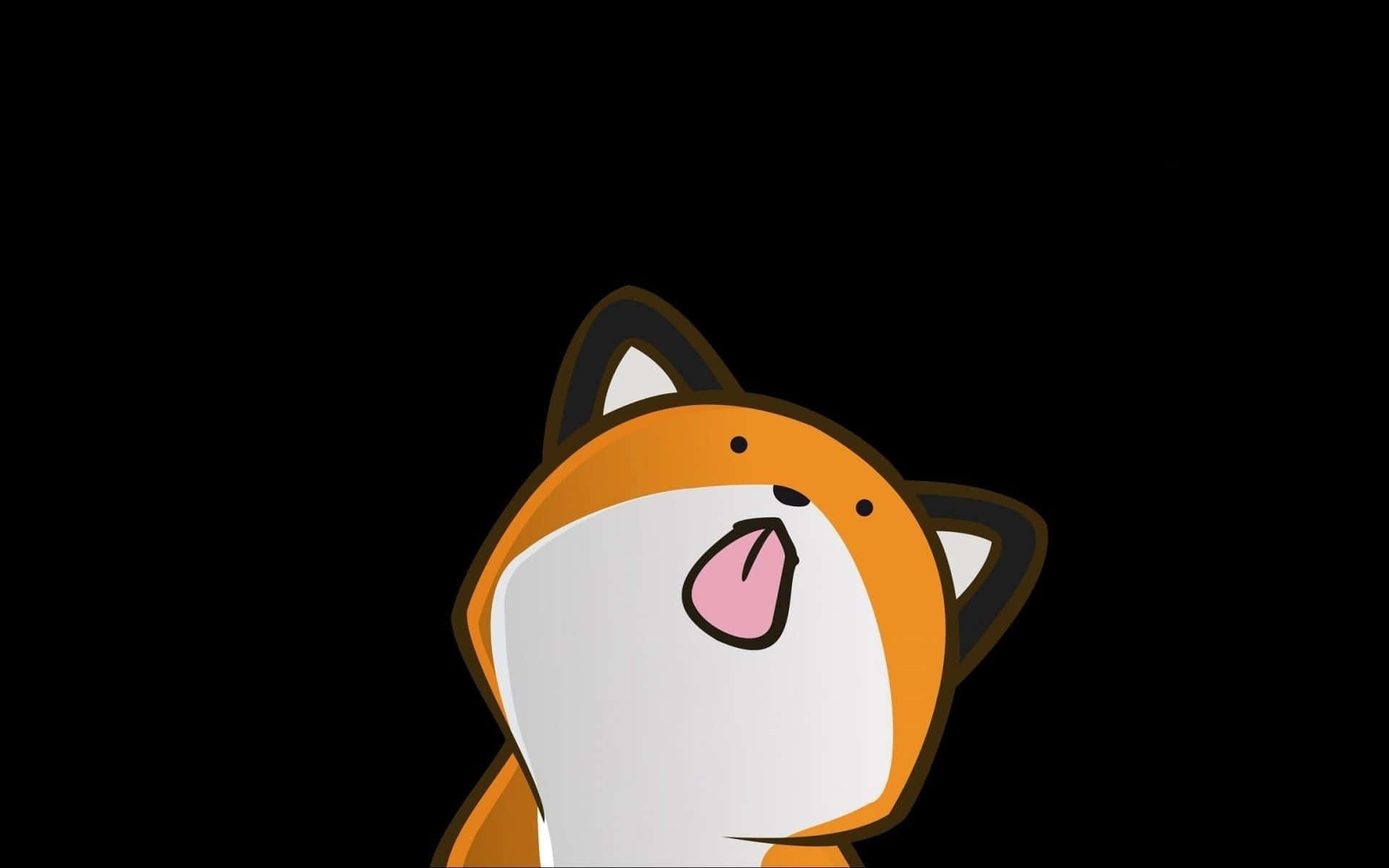 Kawaii Fox 桌布 壁紙 — 一隻橙色和白色毛髮的卡通貓在純黑色背景上伸出粉紅色的舌頭。