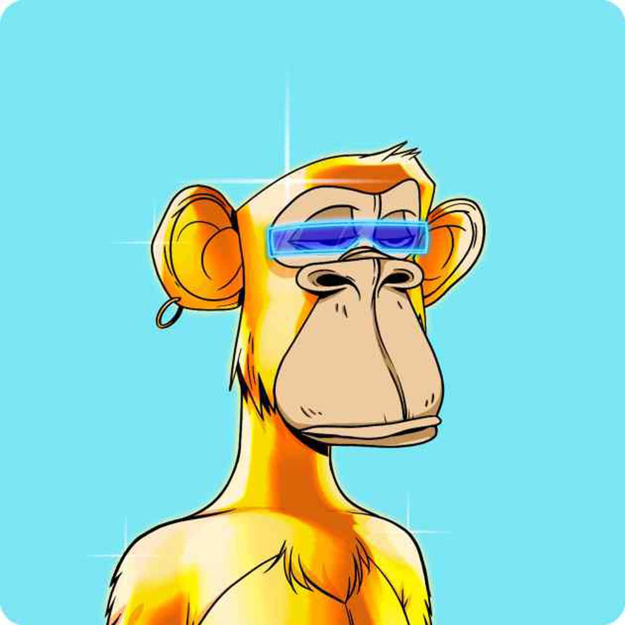 Ape 桌布 壁紙 — 一隻橙色毛髮、戴著藍色太陽眼鏡的卡通猴子，站在帶有閃光的純青色背景前。