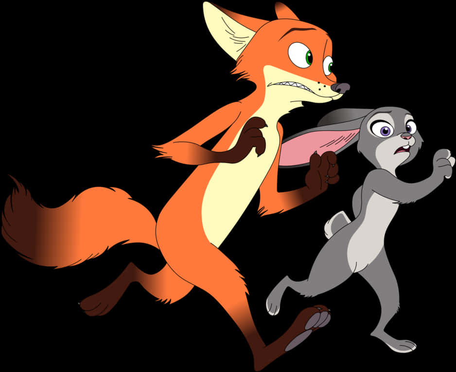 Nick Wilde 桌布 壁紙 — 一隻橙色狐狸和一隻灰色兔子在純黑色背景上驚慌地並肩奔跑。