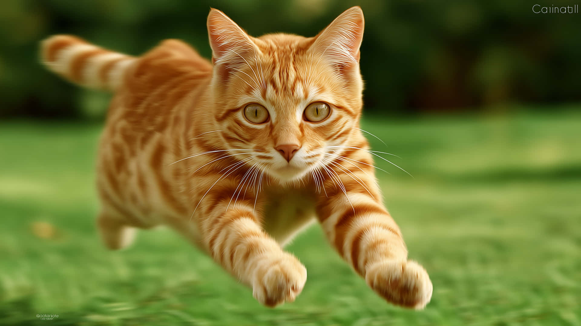 Focused Ginger Cat Mid-Run Across Vibrant Green Grass 壁紙 — 一隻橙色虎斑貓在陽光普照的綠色草坪上，帶著專注的強度向前跳躍。
