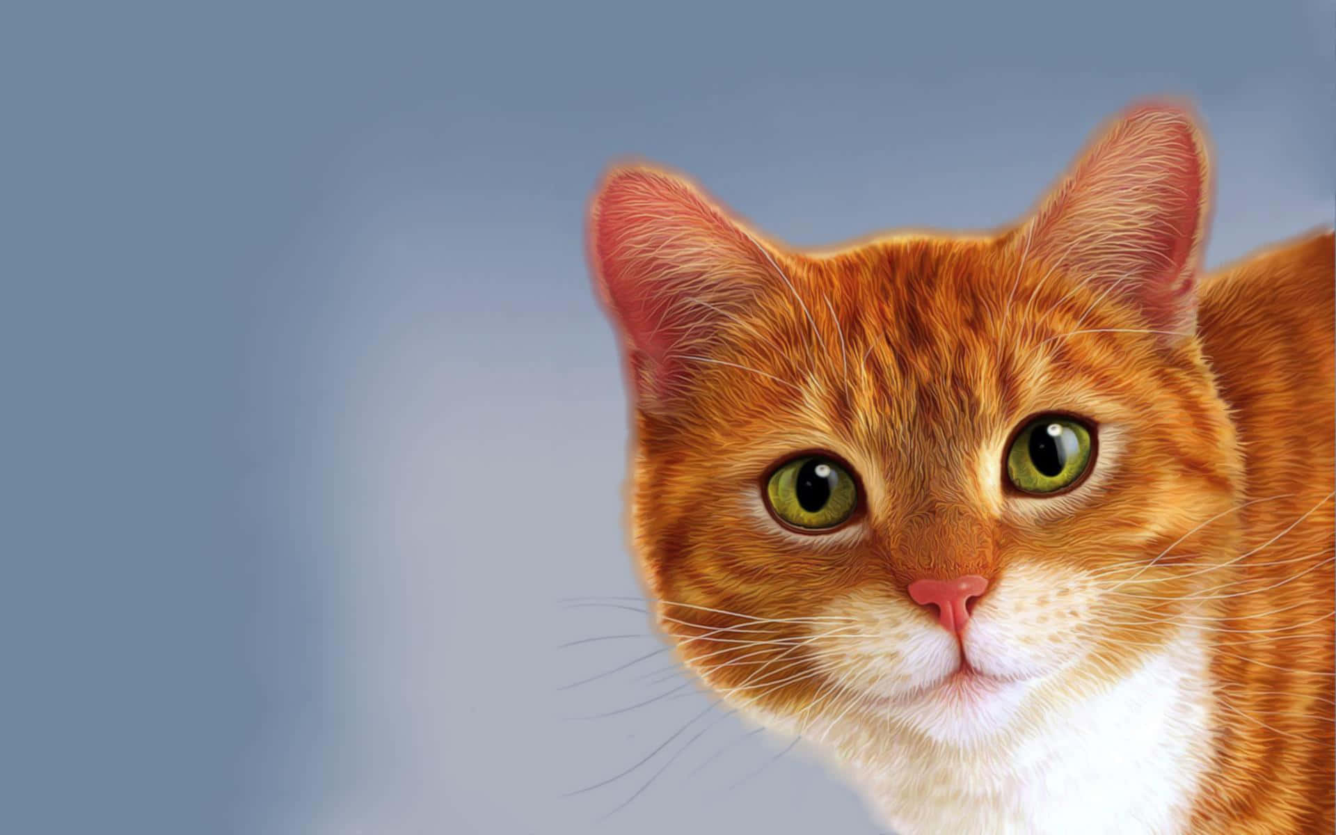 Sad Cat 桌布 壁紙 — 一隻橙色虎斑貓的近距離特寫，綠色眼睛直視觀眾，背景為柔和的藍色漸變。