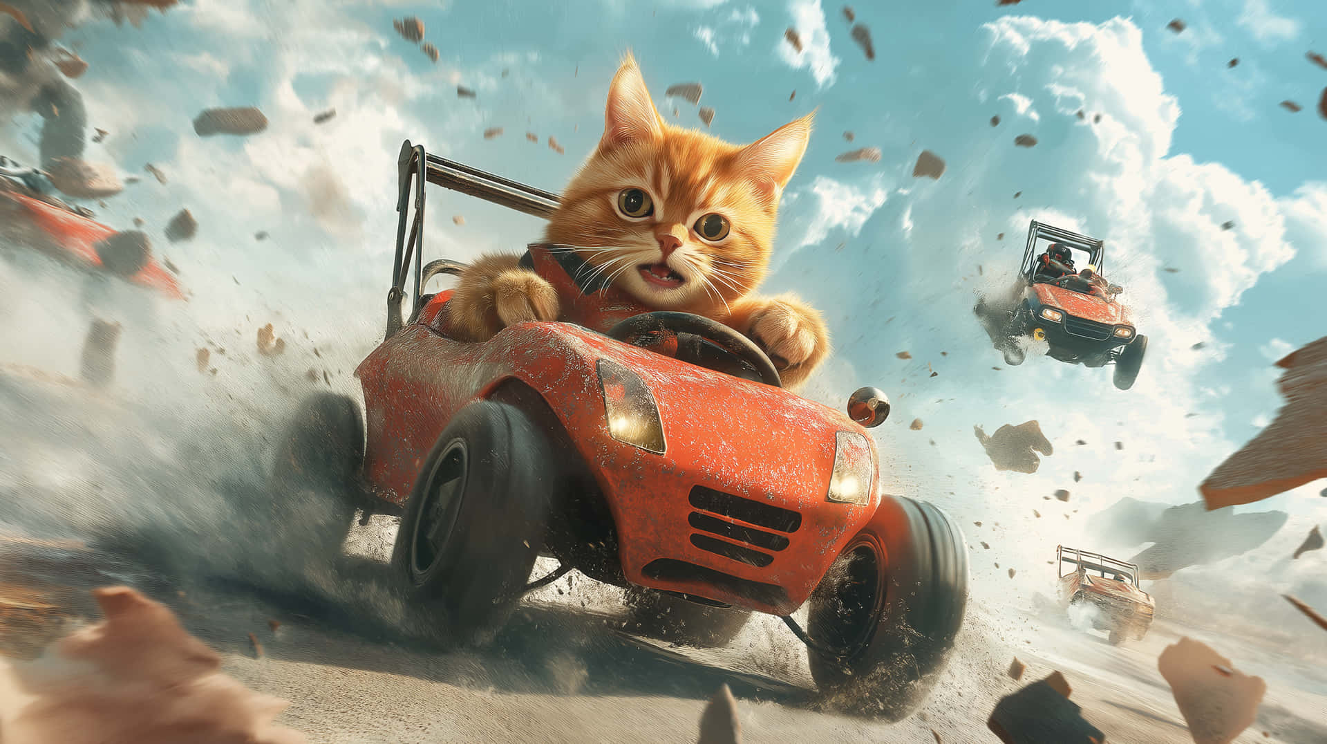Action-Packed Cat Racing Miniature Car Off-Road 壁紙 — 一隻橙色虎斑貓駕駛紅色沙灘車穿越塵土飛揚的沙漠景觀，碎片飛揚，其他賽車手在附近疾馳。