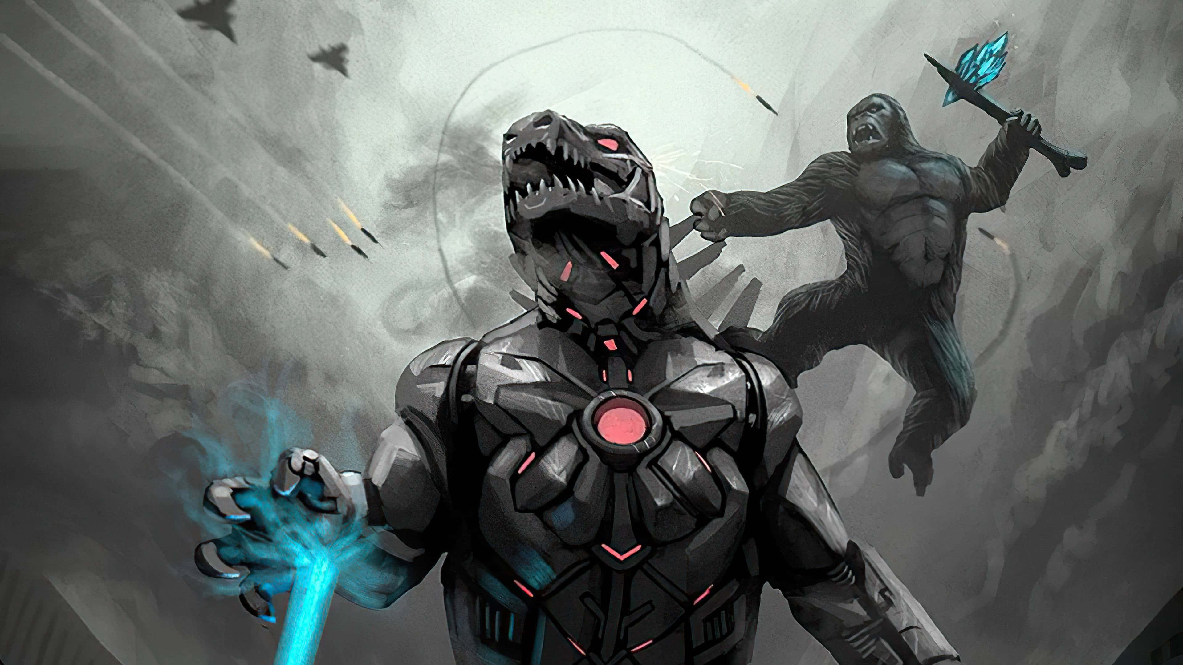 Robot Godzilla 桌布 壁紙 — 一隻機械恐龍在煙霧和墜落的導彈中與一隻飛翔的猿戰鬥，場景充滿粗糙的數位藝術風格。