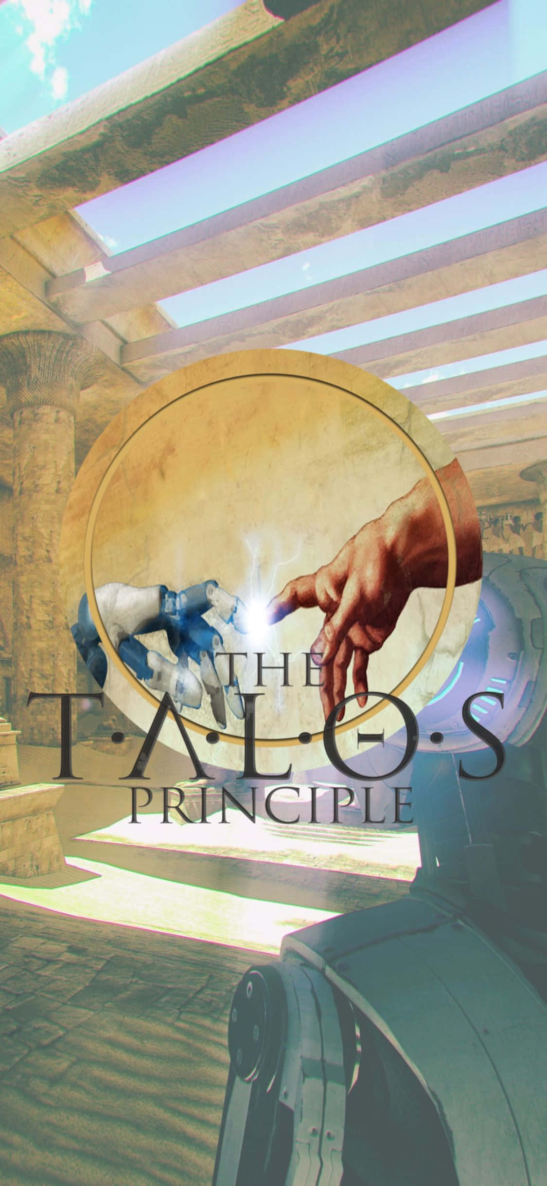 iPhone Xs The Talos Principle 桌布 壁紙 — 一隻機械手伸向發光的球體，而一隻人類的手在陽光明媚的古老寺廟中模仿這個手勢。