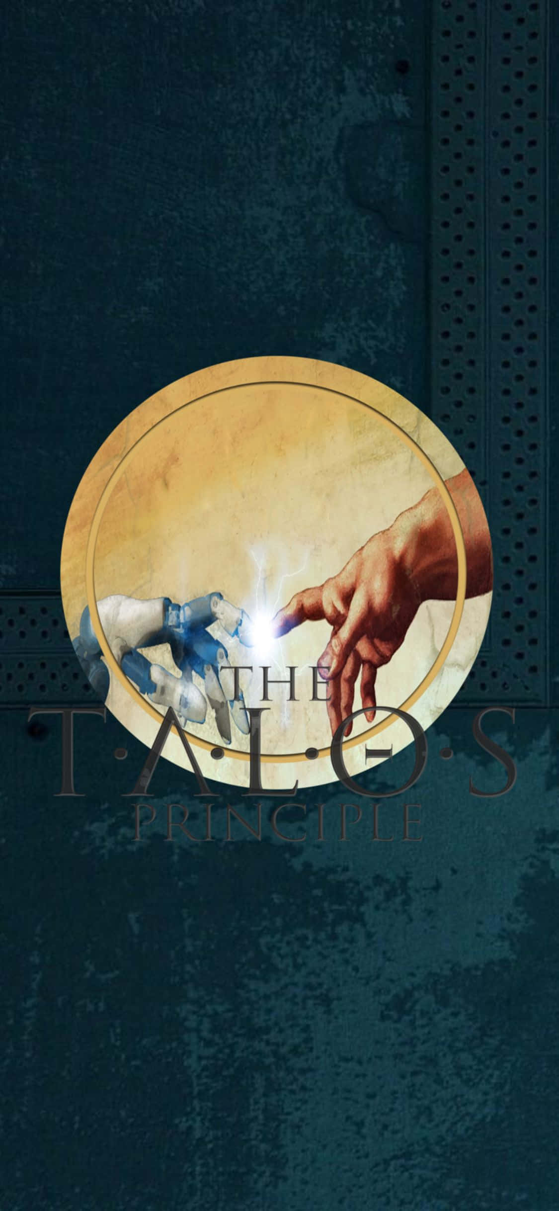 iPhone Xs The Talos Principle 桌布 壁紙 — 一隻機械手和一隻人類手在黑暗的工業背景下，穿過一個發光的圓圈互相伸向對方。