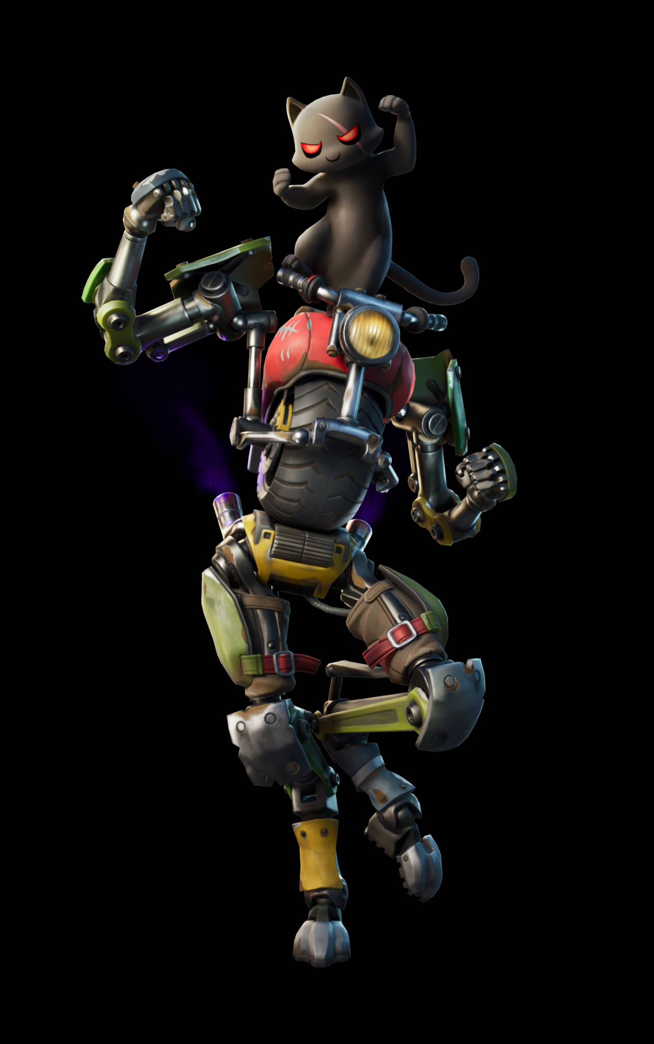Fortnite Chapter 3 桌布 壁紙 — 一隻機械貓，眼睛發出紅光，騎著一輛機械摩托車，背景為黑色。