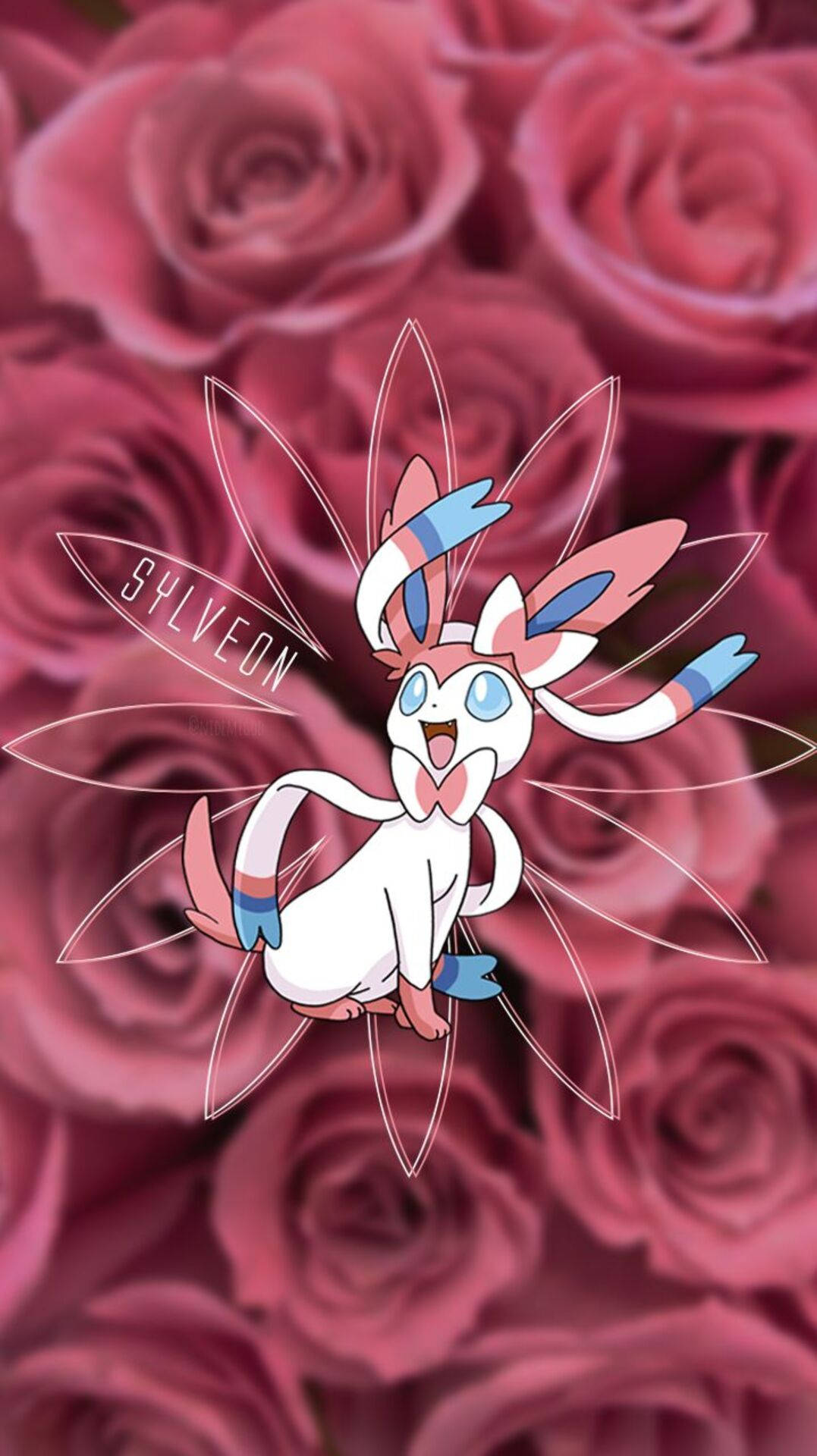 Sylveon 桌布 壁紙 — 一隻歡快的動漫風格仙子伊布，帶有藍色和粉紅色點綴，漂浮在柔焦的深粉紅玫瑰叢中。