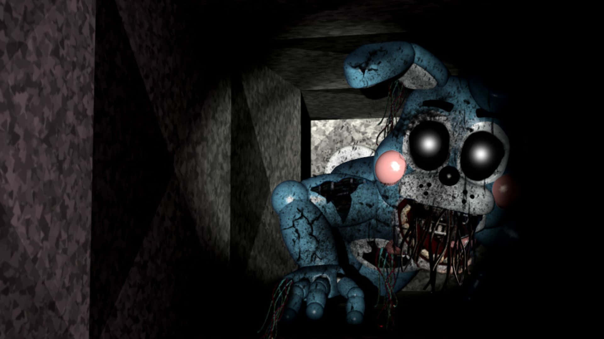 Fnaf Jumpscare 桌布 壁紙 — 一隻正在腐爛的藍色電子動畫兔，眼睛發光，從黑暗的混凝土凹處威脅地窺視。