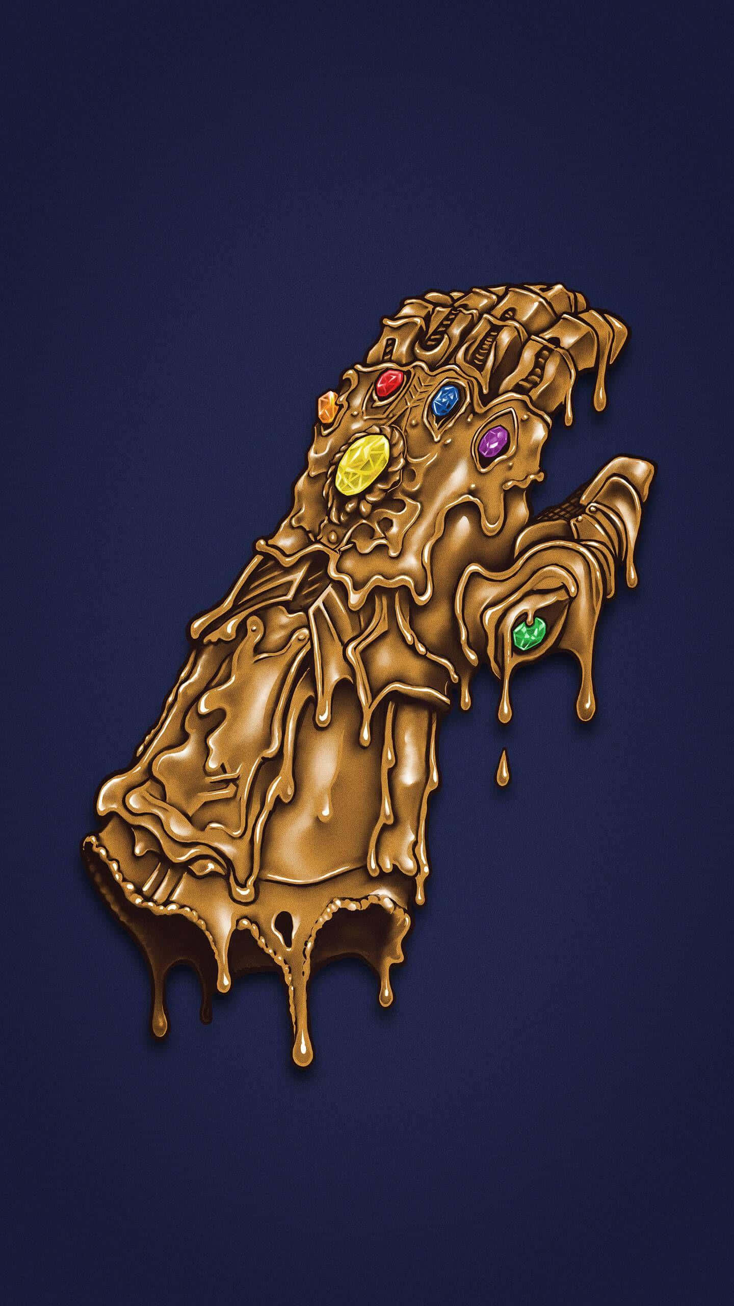 Infinity Gems 桌布 壁紙 — 一隻正在融化的金色手套滴下巧克力，內嵌色彩繽紛的寶石，背景為深藍色。