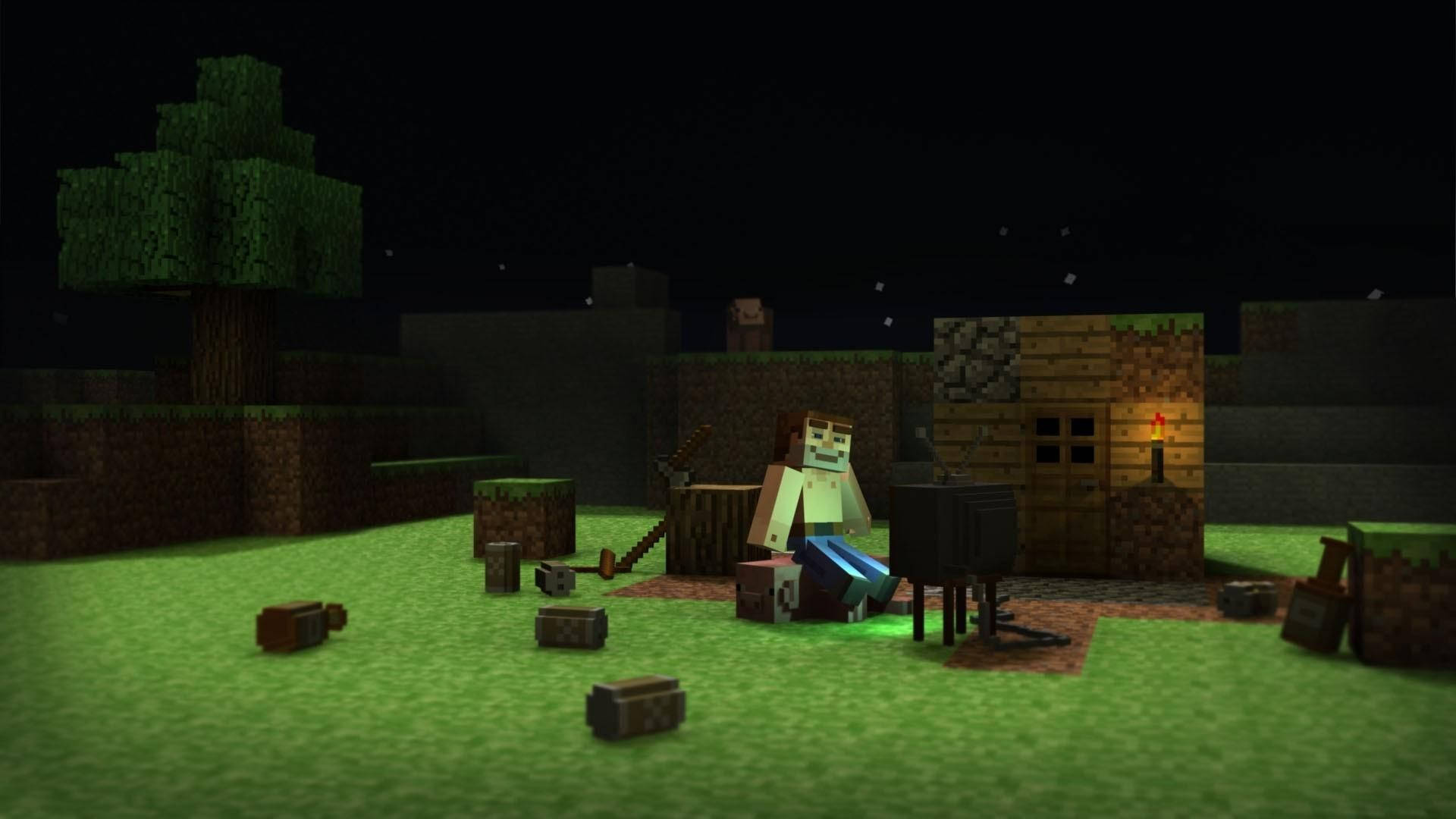 夜晚Minecraft村莊中，有火炬和方塊的亮燈木屋附近的殭屍。 — 8 位元 GIF 壁紙