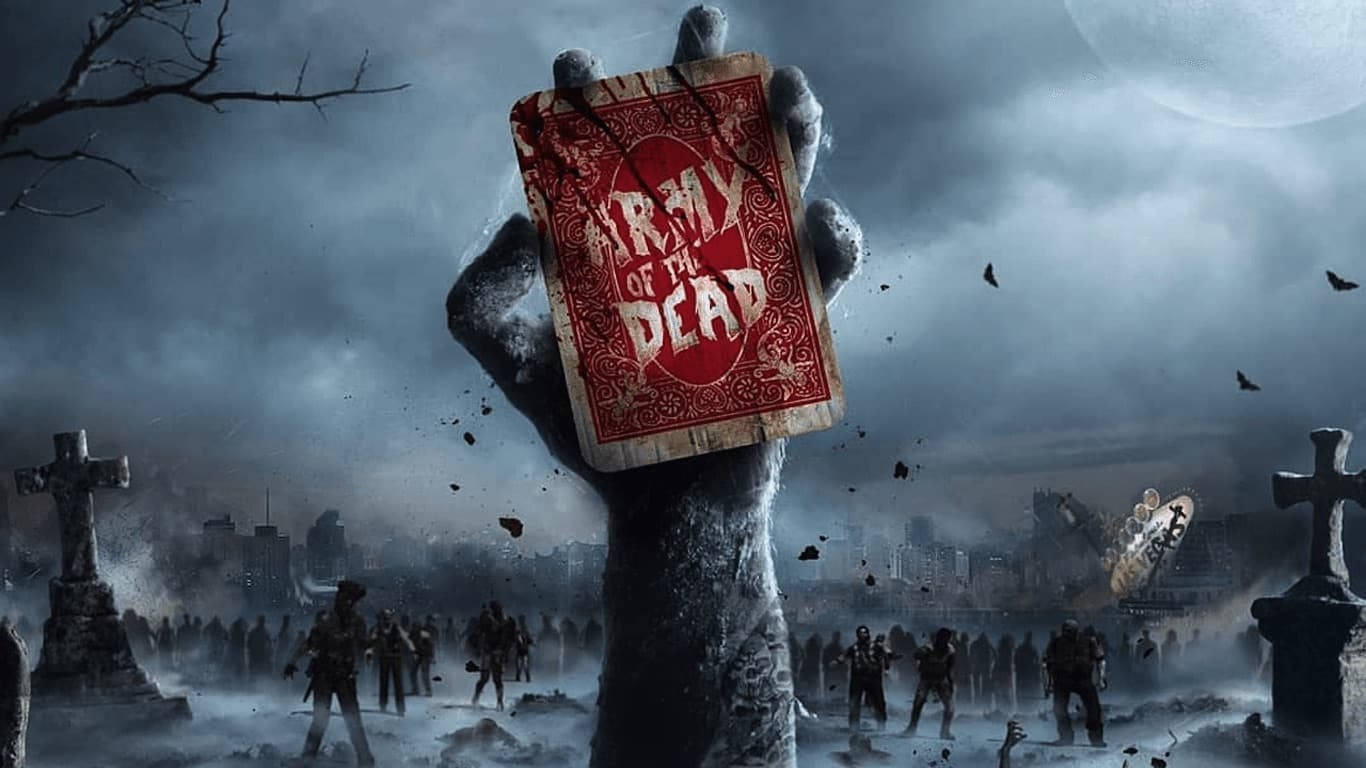 dead 桌布 壁紙 — 一隻殭屍手從墓地升起，拿著一張「Army of the Dead」撲克牌，背景是暴風雨的天空和廢墟城市。