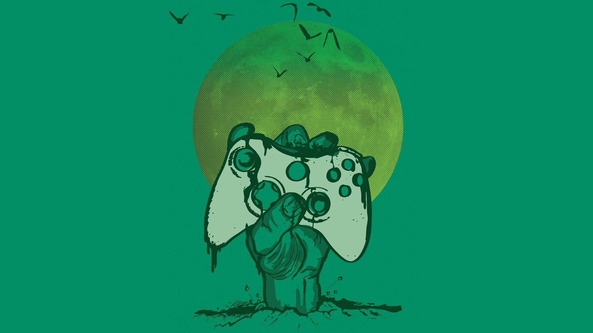 Xbox 桌布 壁紙 — 一隻殭屍手抓住遊戲控制器，背景是綠色月亮，鳥兒在頭頂飛翔。