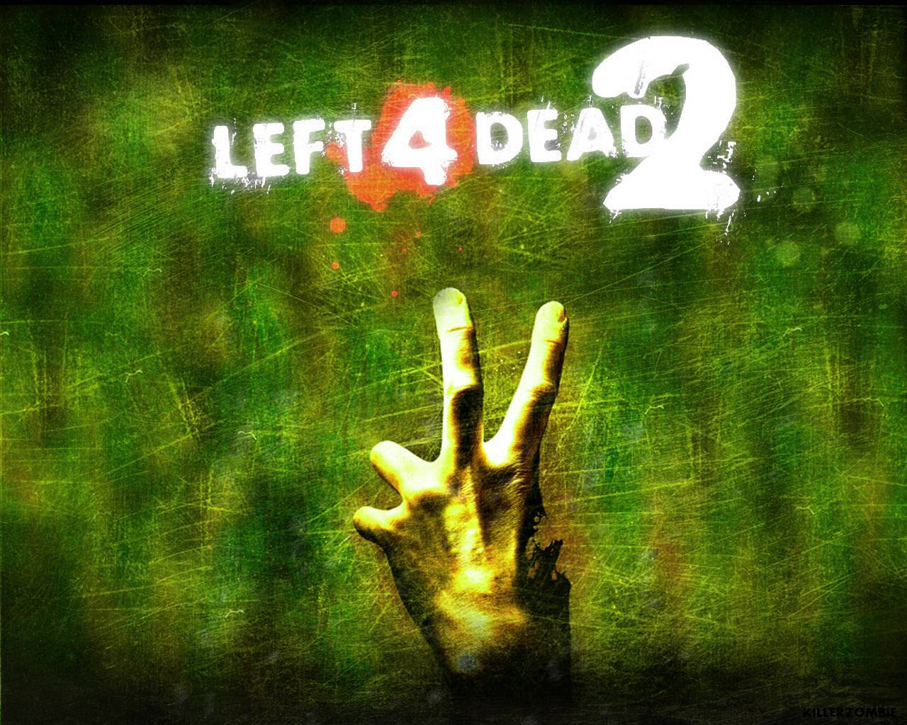 殭屍動圖 桌布 壁紙 — 一隻殭屍手穿過刮花的綠色牆壁，牆上有『Left 4 Dead 2』標誌和血跡。