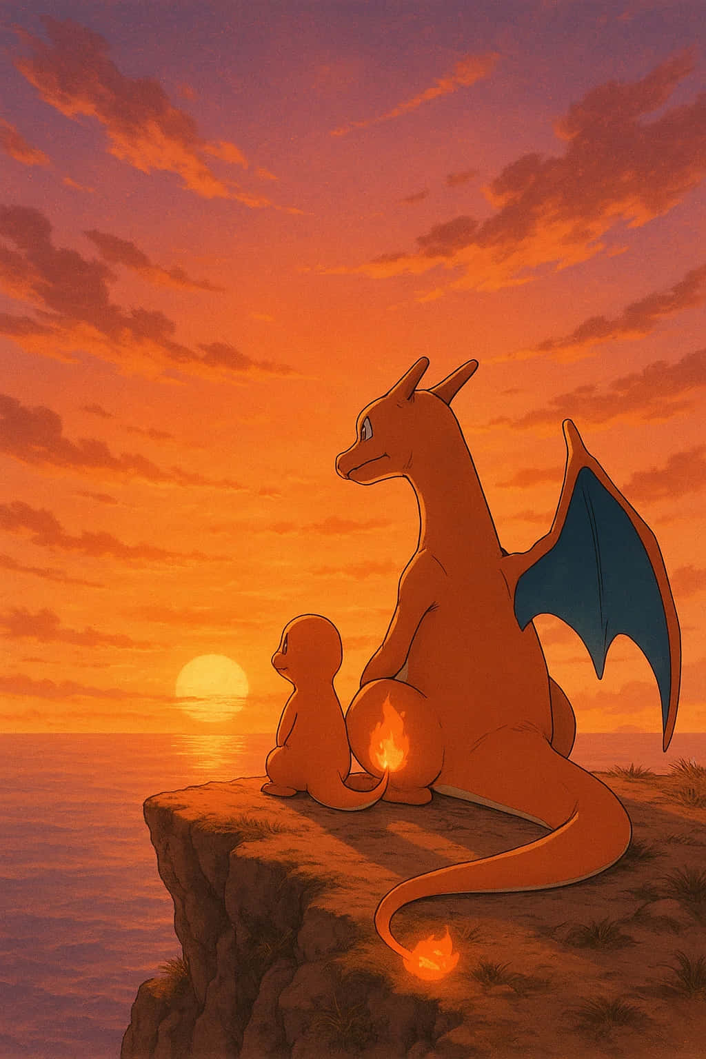 Charizard Pokemon HD Wallpaper WEBP 4K Background Download 壁紙 — 一隻母親和寶寶噴火龍一起坐在懸崖邊，看著太陽在海面上落下，牠們的火焰尾巴發著光。