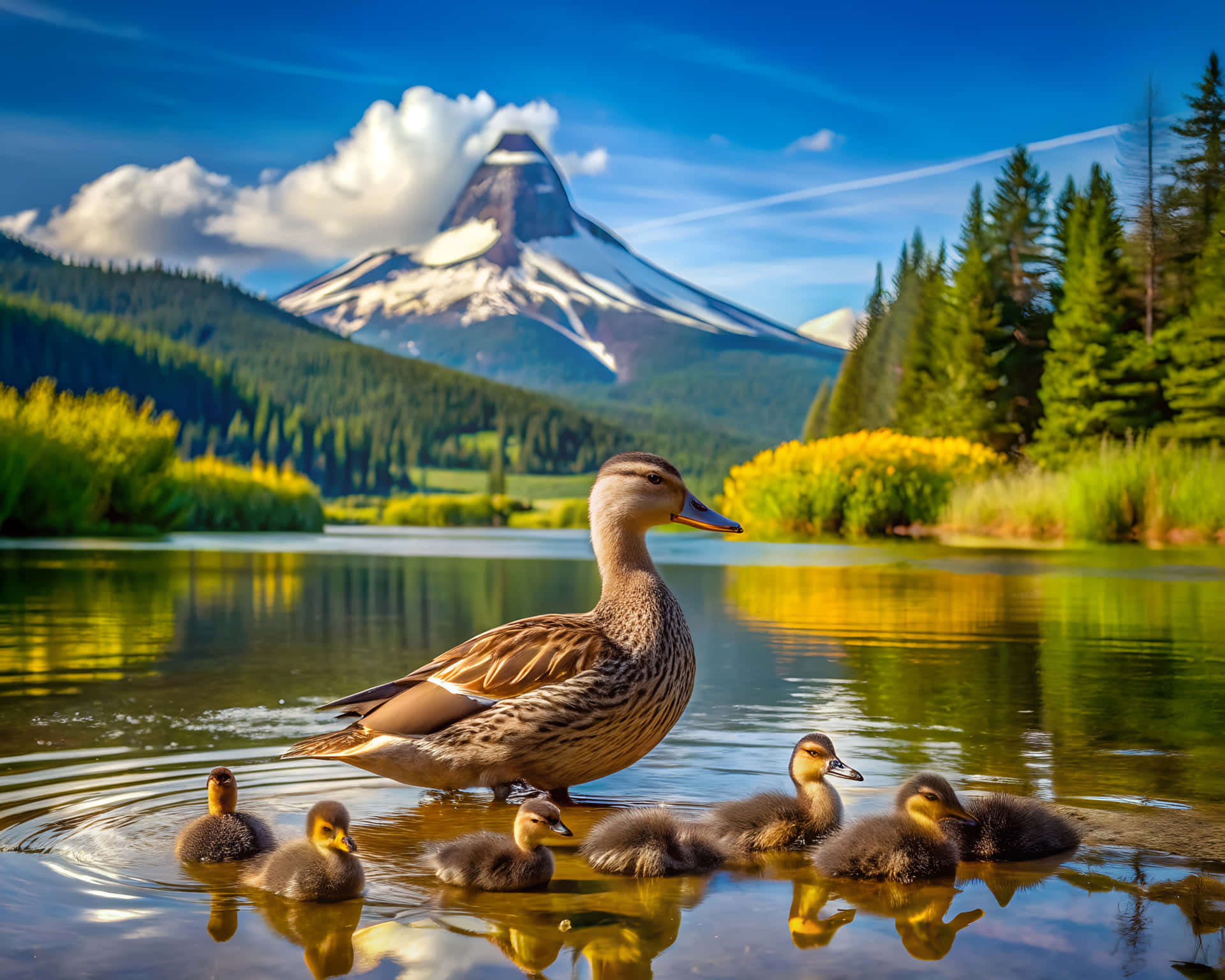 Family of ducks on the lake 壁紙 — 一隻母鴨和牠的小鴨在平靜的水中涉水，背景是雪山和常綠樹。