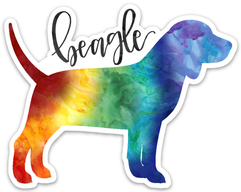 stickers 桌布 壁紙 — 一隻比格犬的鮮豔水彩剪影，呈現彩虹色調，上方寫有「beagle」字樣。